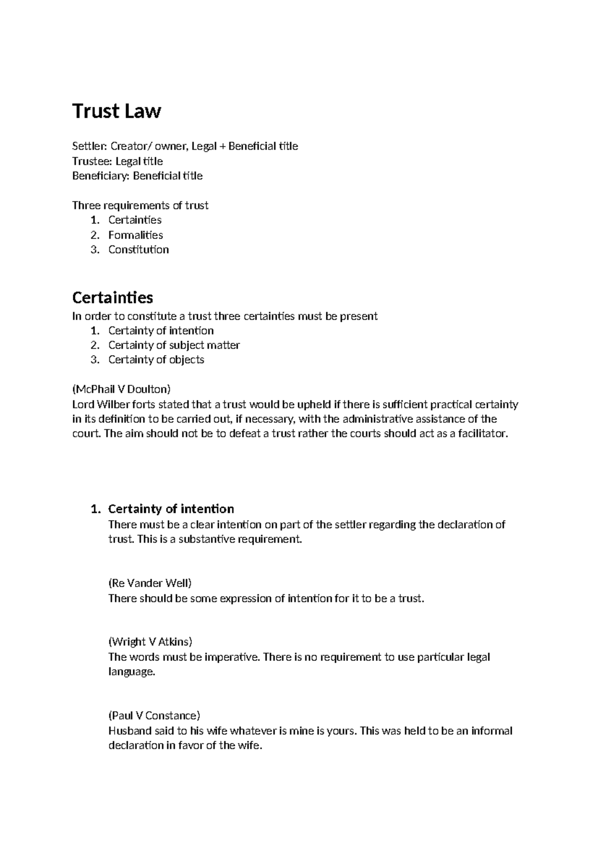 Trust Law Notes: Certainties, Intention, and Subject Matter - Studocu