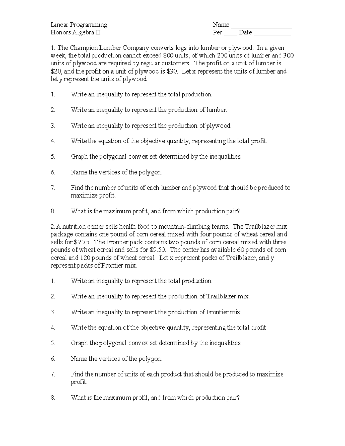 Honors Algebra II: Linear Programming Worksheet for Optimization - Studocu