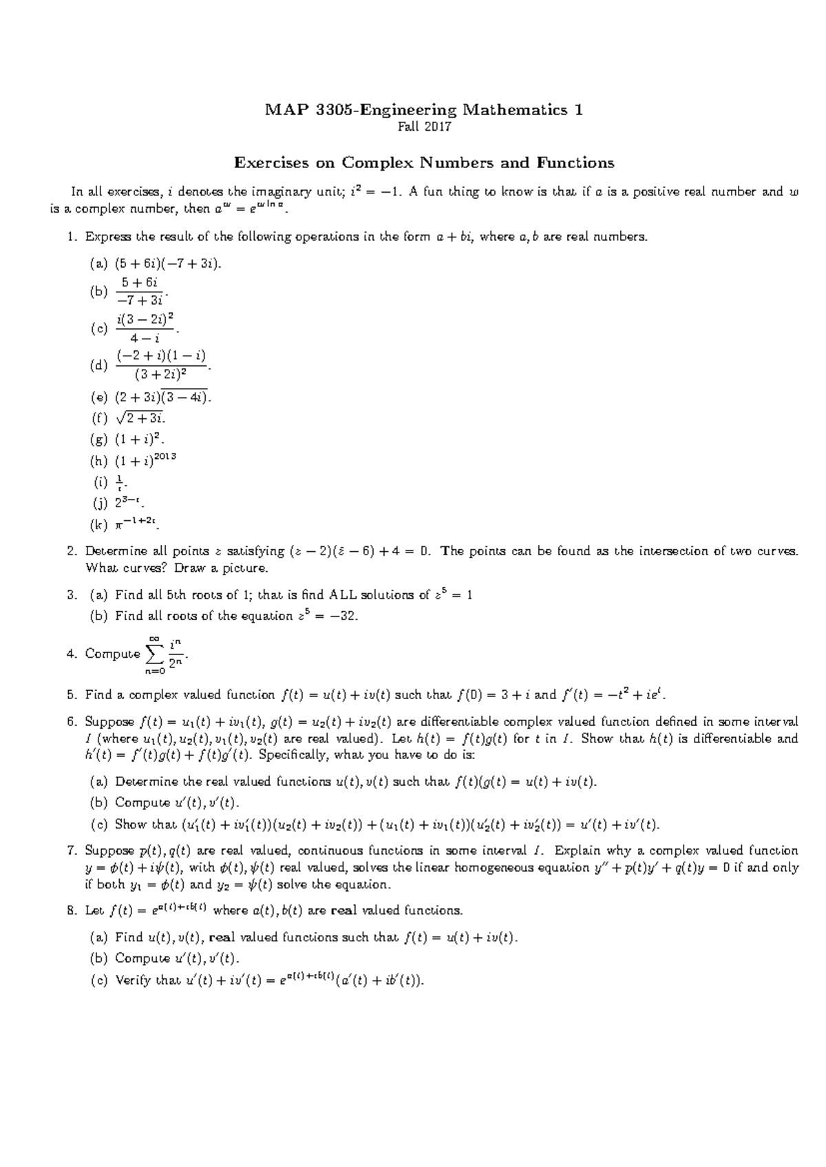 Complex Numbers And Functions Exercises fa17 - MAP 3305-Engineering ...