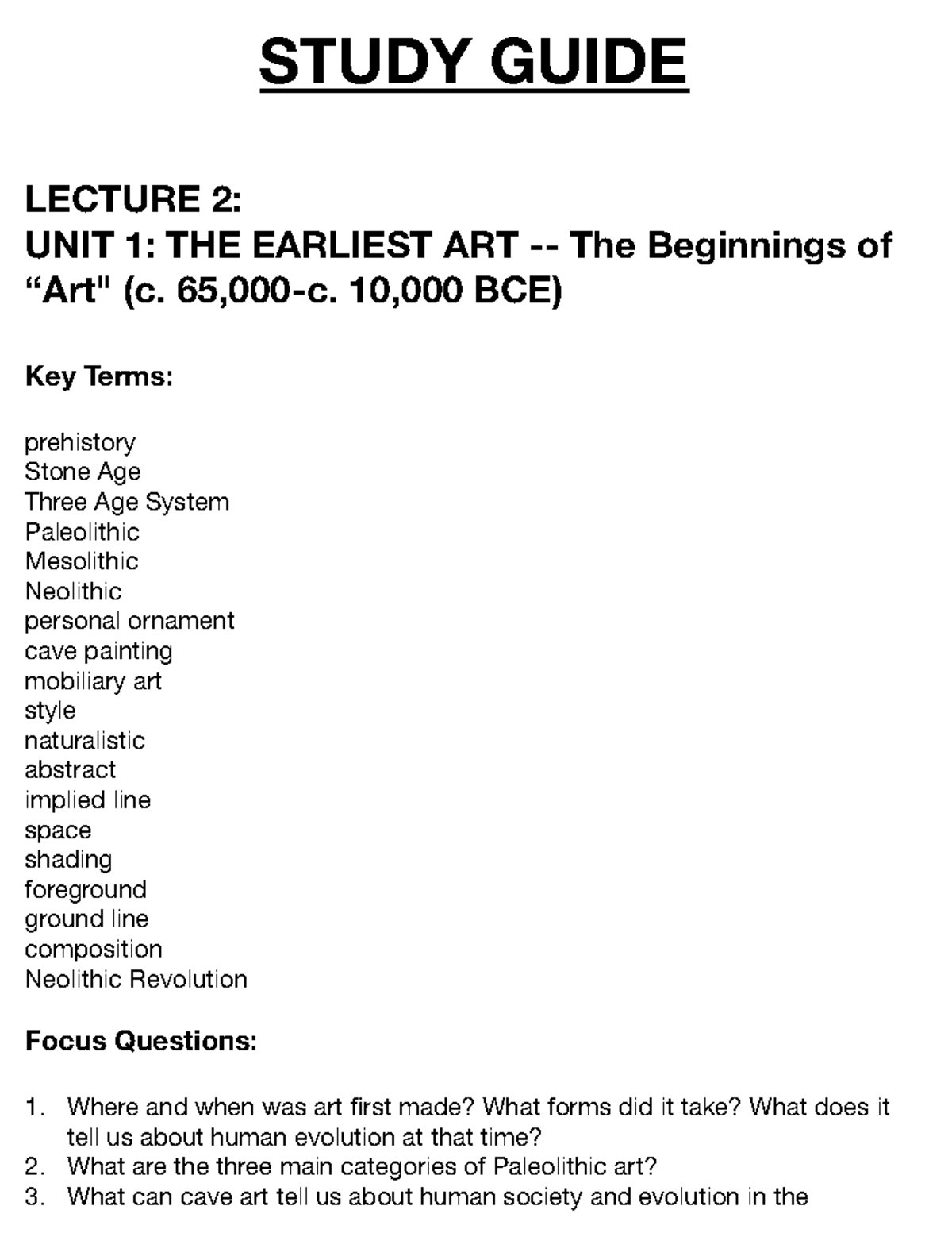 Study Guide: The Earliest Art - Lecture Series - Studocu