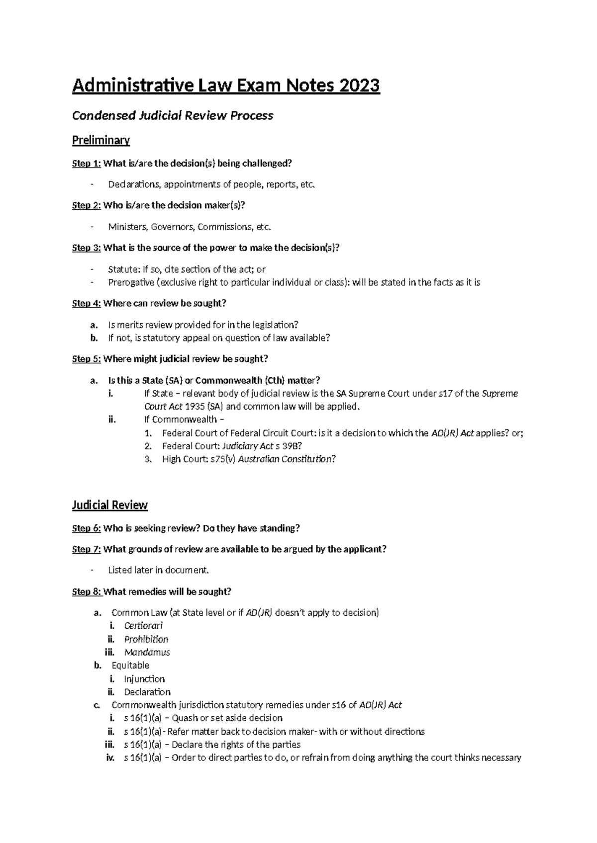 Administrative Law Exam Notes 2023: Key Aspects of Judicial Review ...