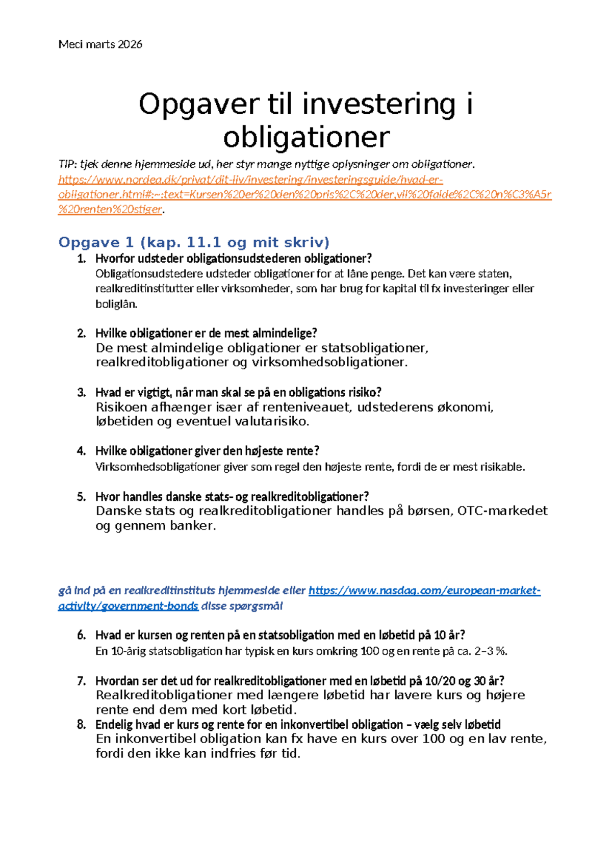 Opgaver til investering i obligationer - Meci marts 2026 - Studocu