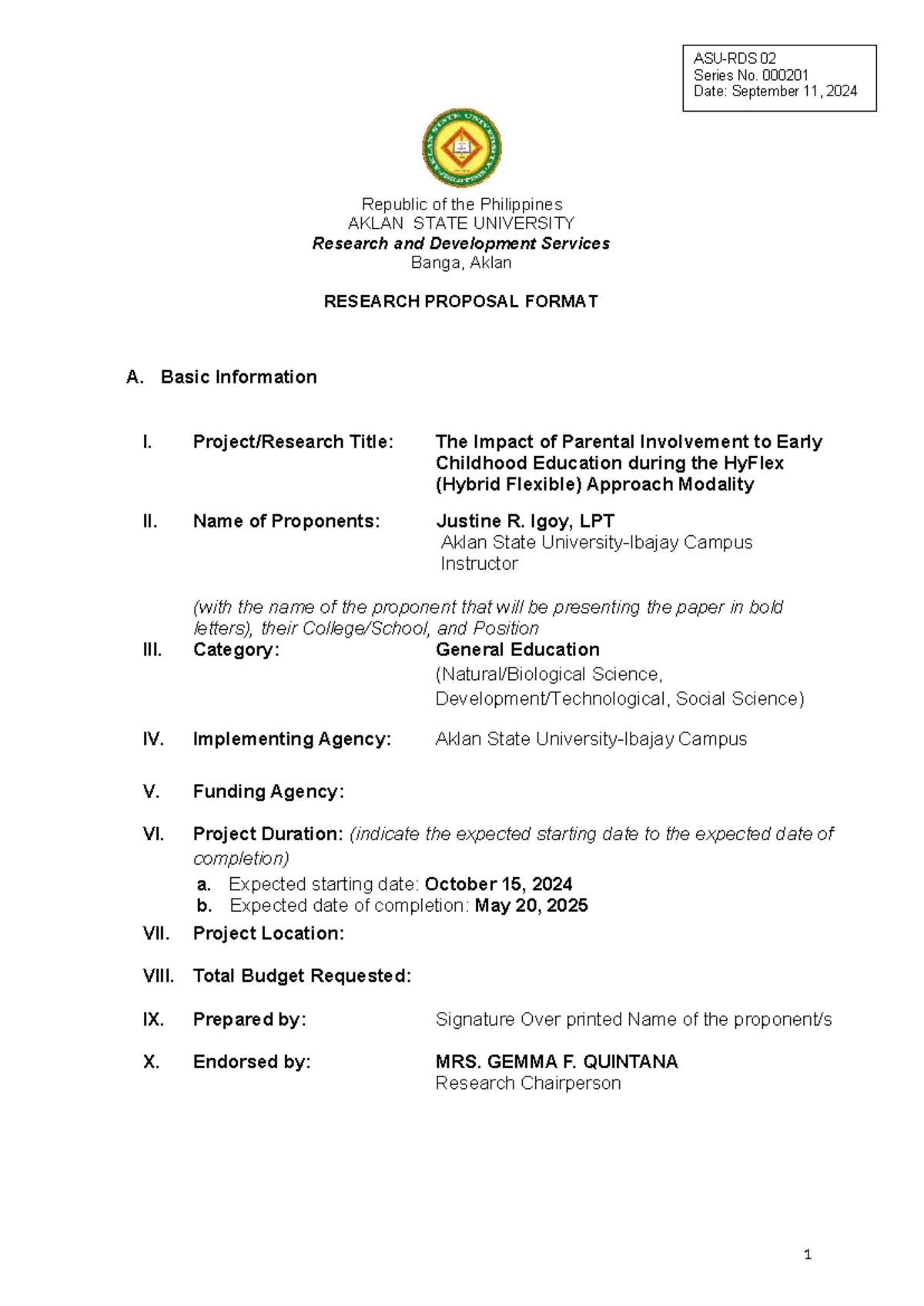 Form 2 Proposal-Format - Series No. 000201 Date: September 11, 2024 ...