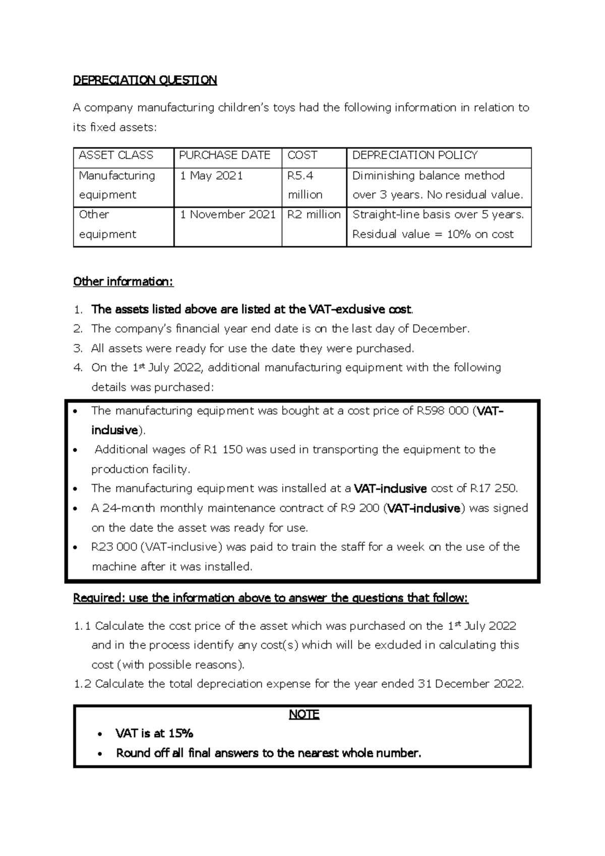 Depreciation Calculation for Depreciable Assets (Course Code: ACC101 ...