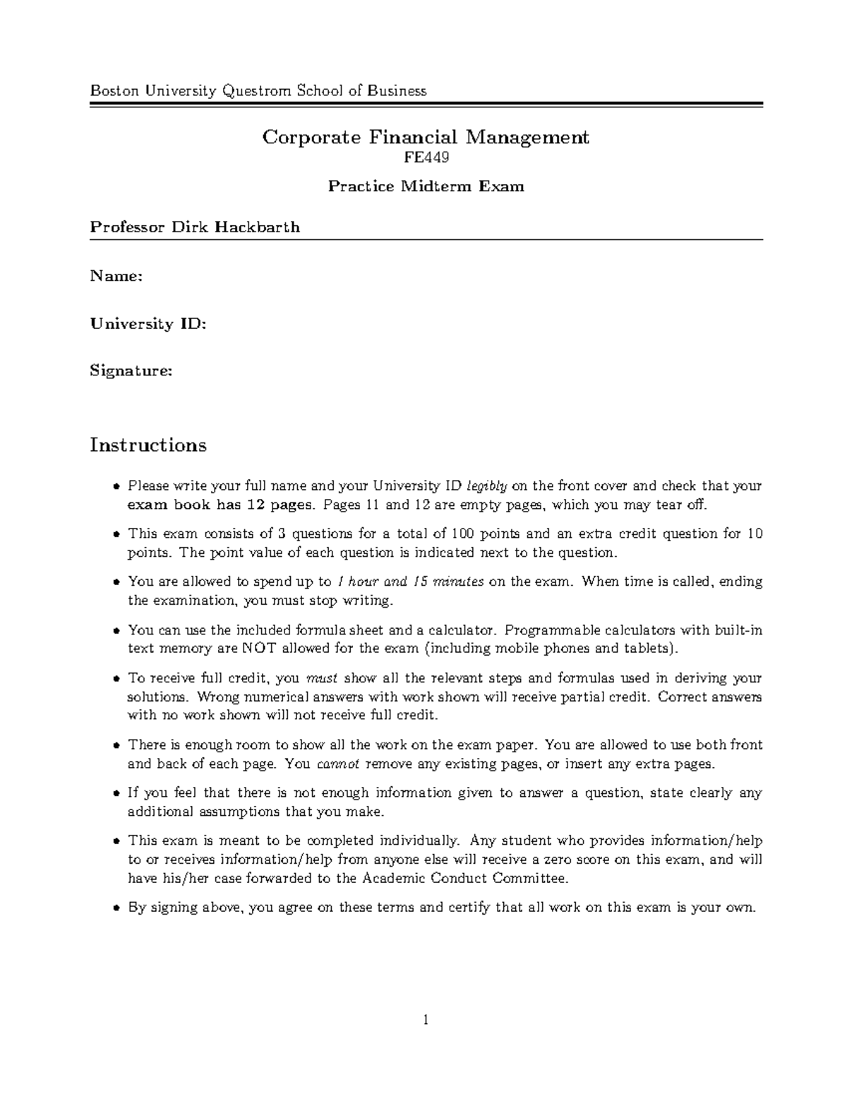 FE449 Corporate Financial Management Practice Midterm Exam - Studocu