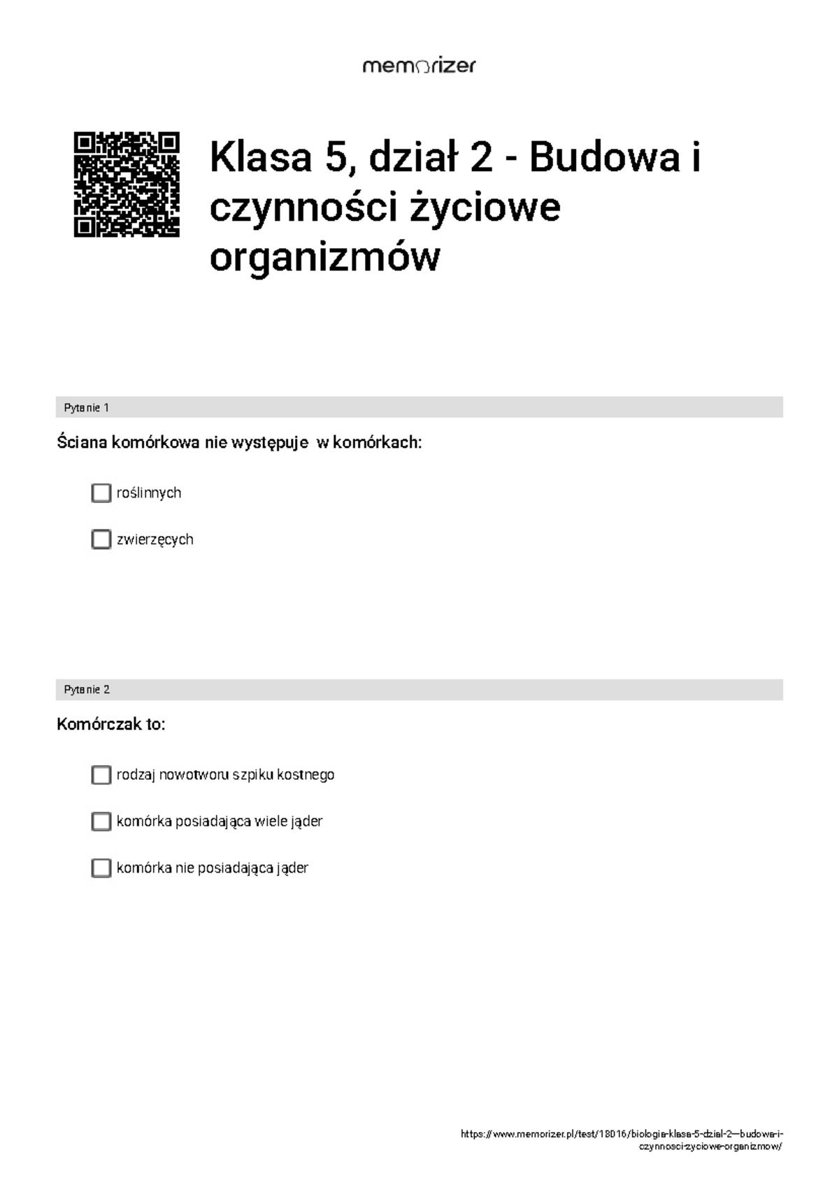Biologia Klasa 5 - Dział 2: Budowa i Czynności Życiowe Organizmów - Studocu