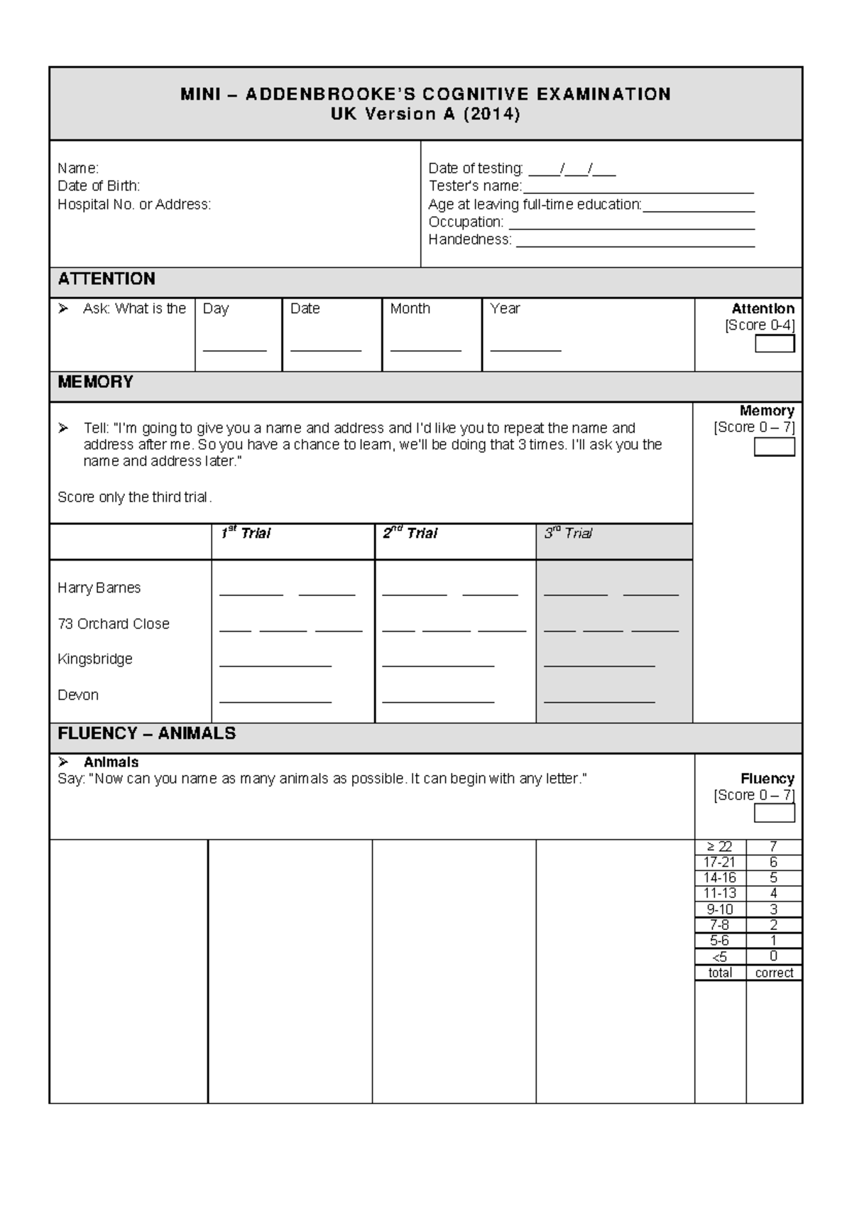 MINI COGNITIVE EXAMINATION UK Version A - Mini-ACE Notes - Studocu