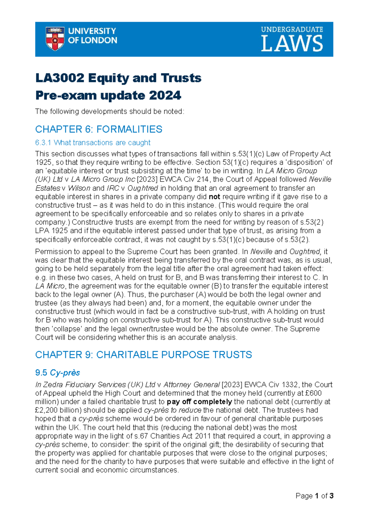 Equity and Trusts peu24 - Page 1 of 3 LA3002 Equity and Trusts Pre-exam ...