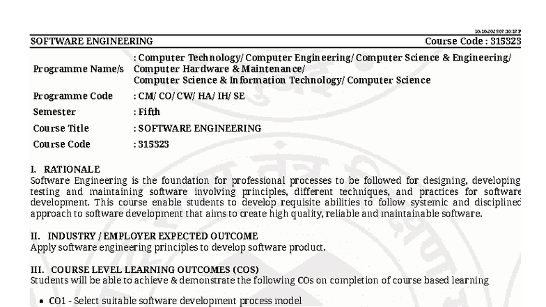 Software Engineering Syllabus (315323) - Semester 5 Overview - Studocu