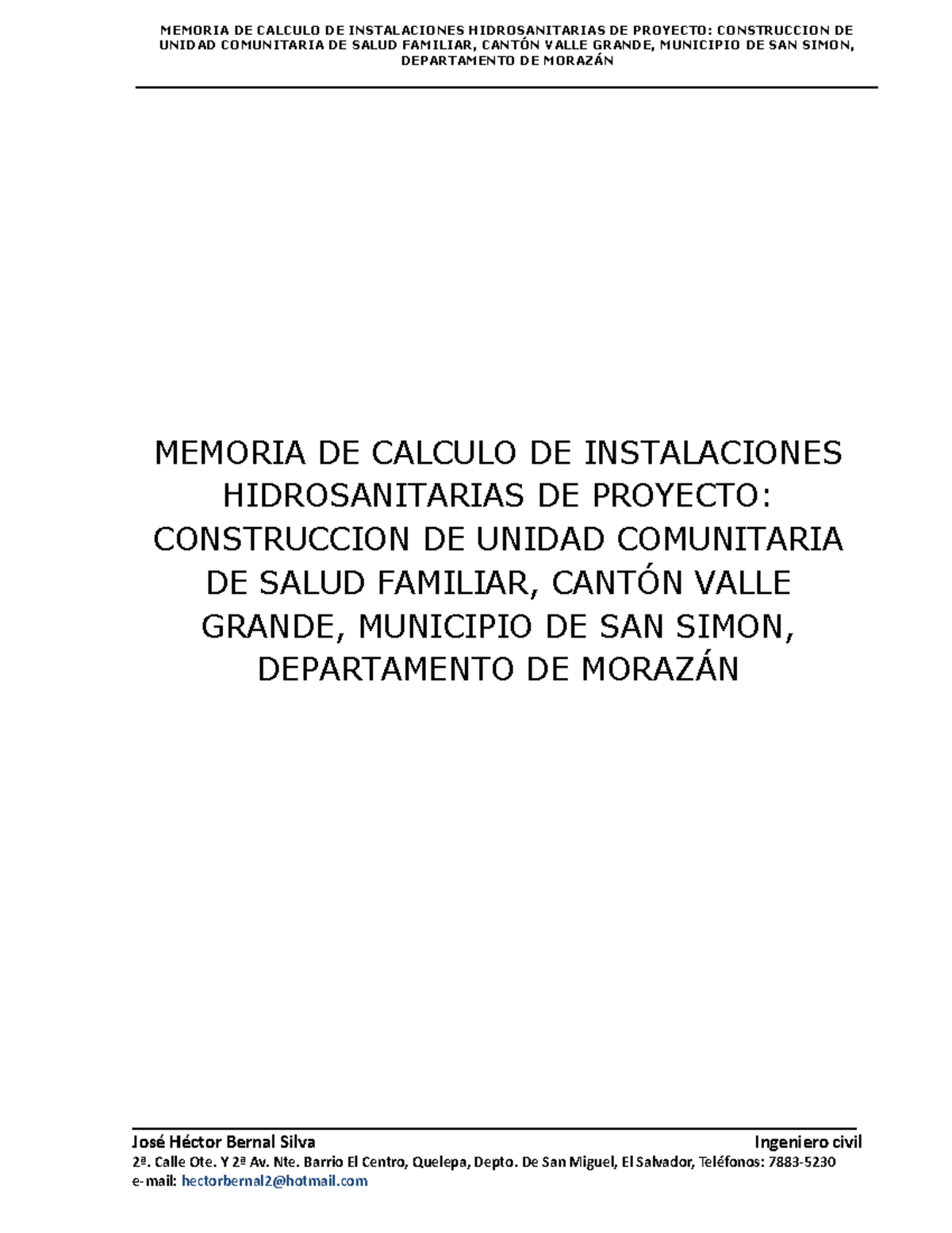 Memoria de Cálculo Hidrosanitario para la Unidad de Salud, Depto. Morazán - Document Preview
