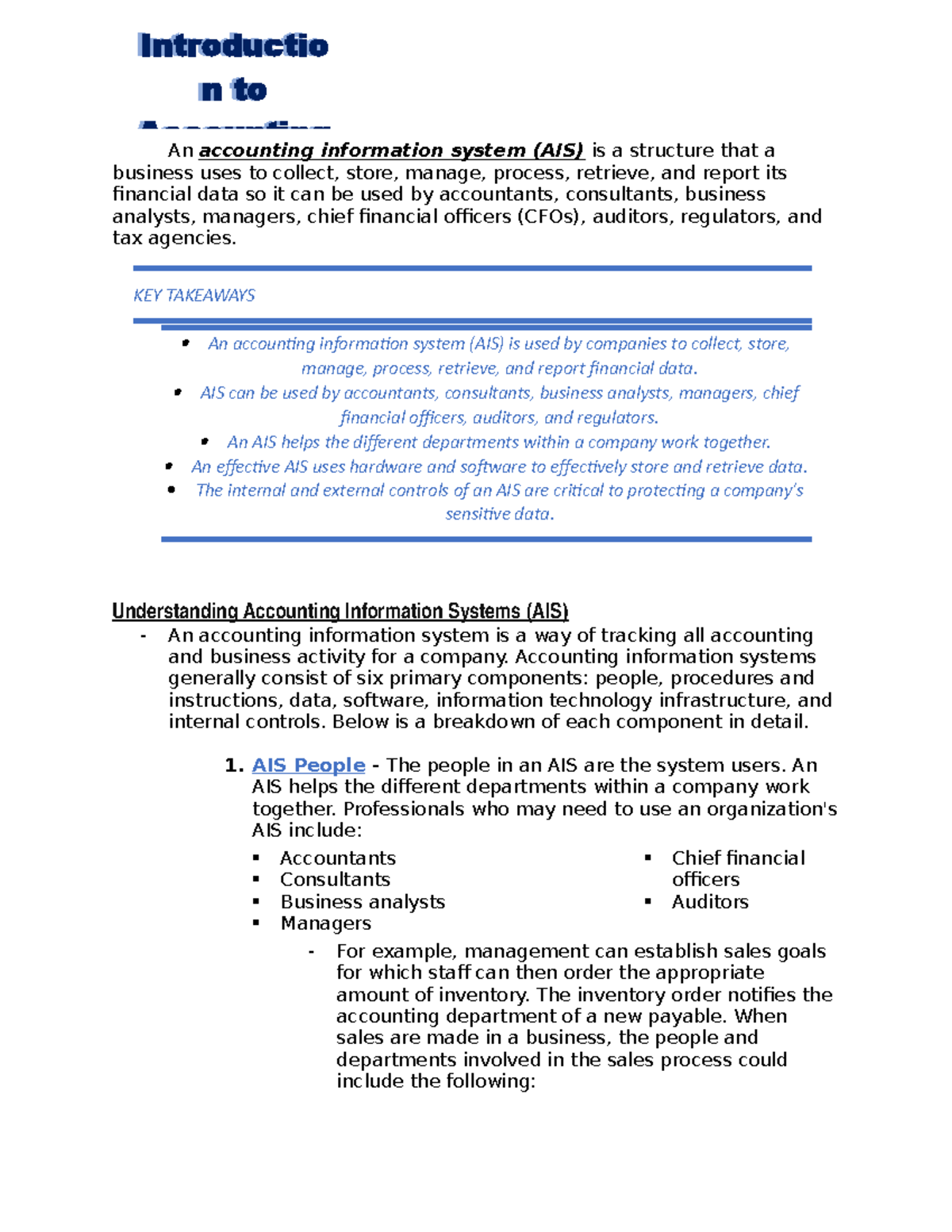 AIS - Lecture Notes on Accounting Information Systems Overview - Studocu