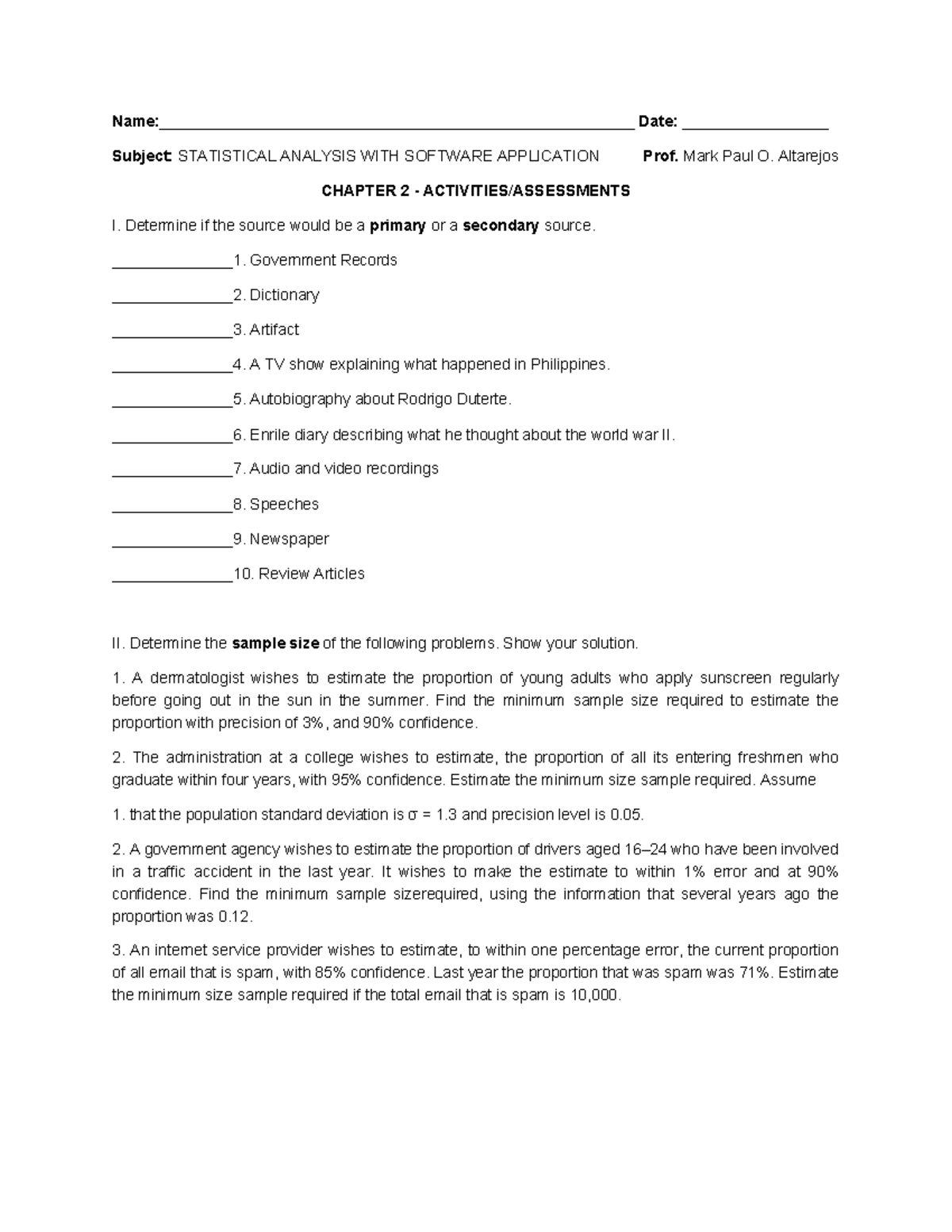 STAT 101: Chapter 2 - Statistical Analysis Activities & Assessments ...