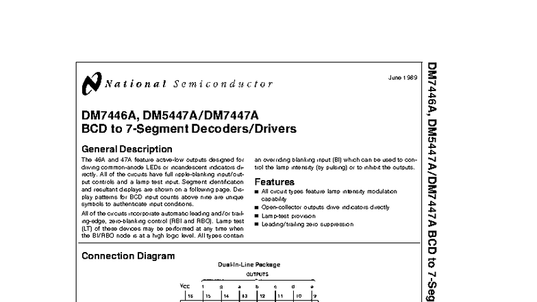 DM7446A, BCD to 7-Segment Display Driver Datasheet - Studocu