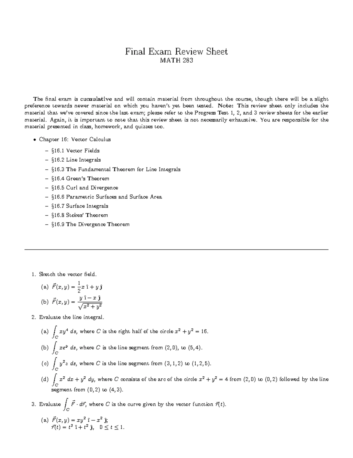Exam III Review Sheet for MATH 283: Multiple Integrals & Applications ...