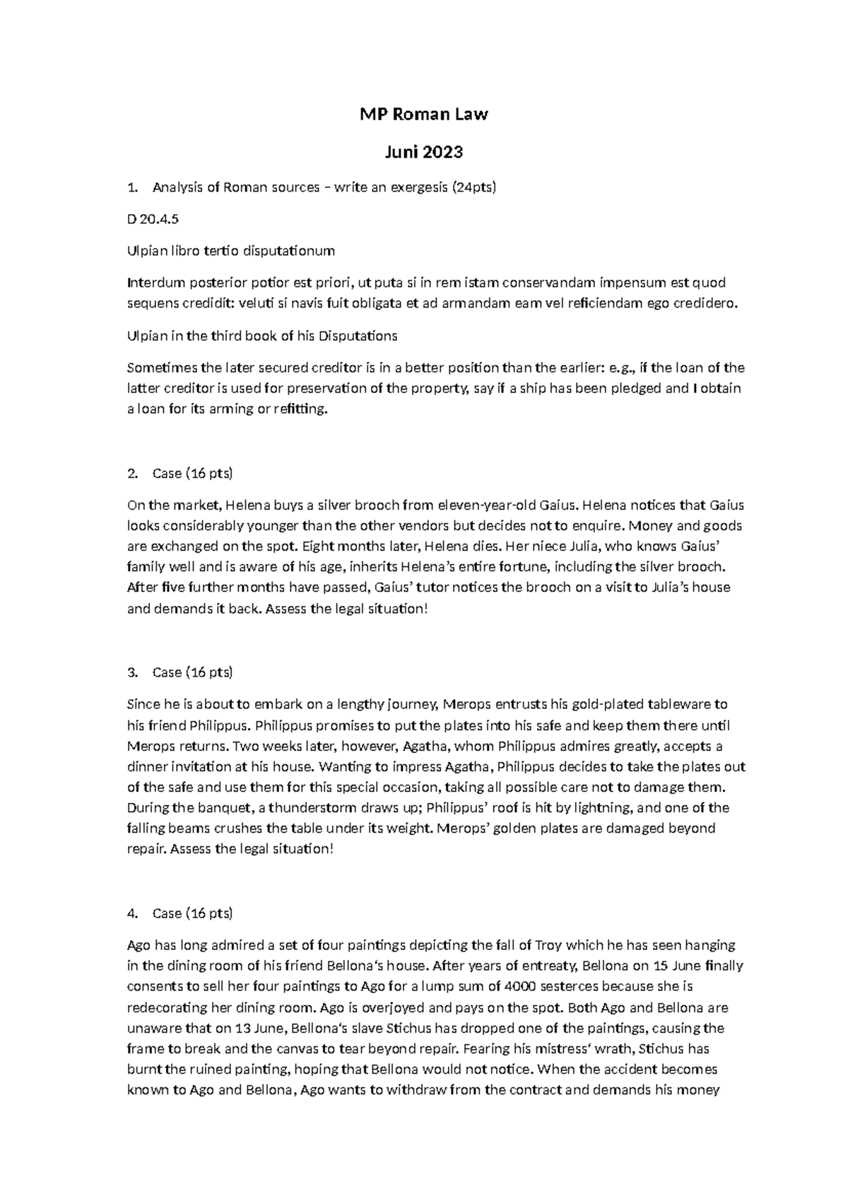 MP Roman Law Final Exam Cases Analysis - Juni 2023 - Studocu