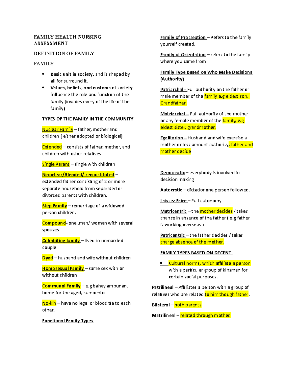 Lecture on Family Nursing Assessment (Nursing 101) - Studocu