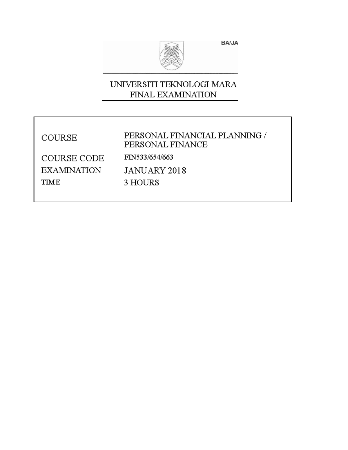 FIN533/654 - Personal Financial Planning Final Exam Jan 2018 Notes ...
