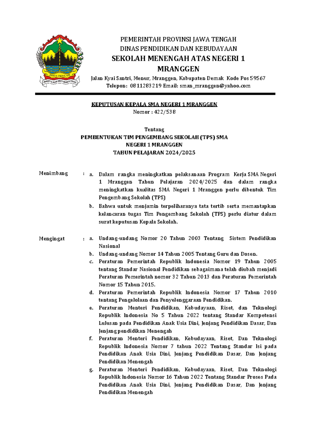 SK Tim Pengembang Sekolah (TPS) SMA Negeri 1 Mranggen 2024-2025 - Studocu