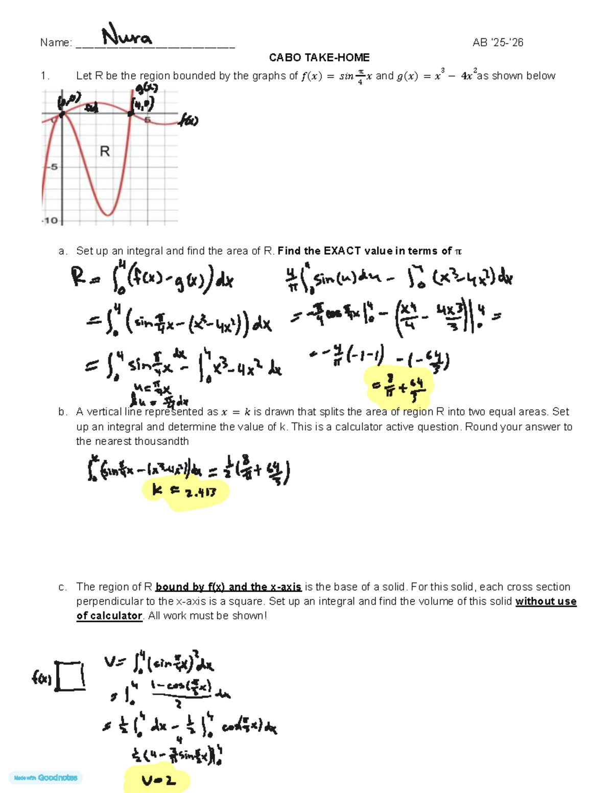 Cabo Take Home Practice: Area & Volume Integrals (AB CABO 3) - Studocu