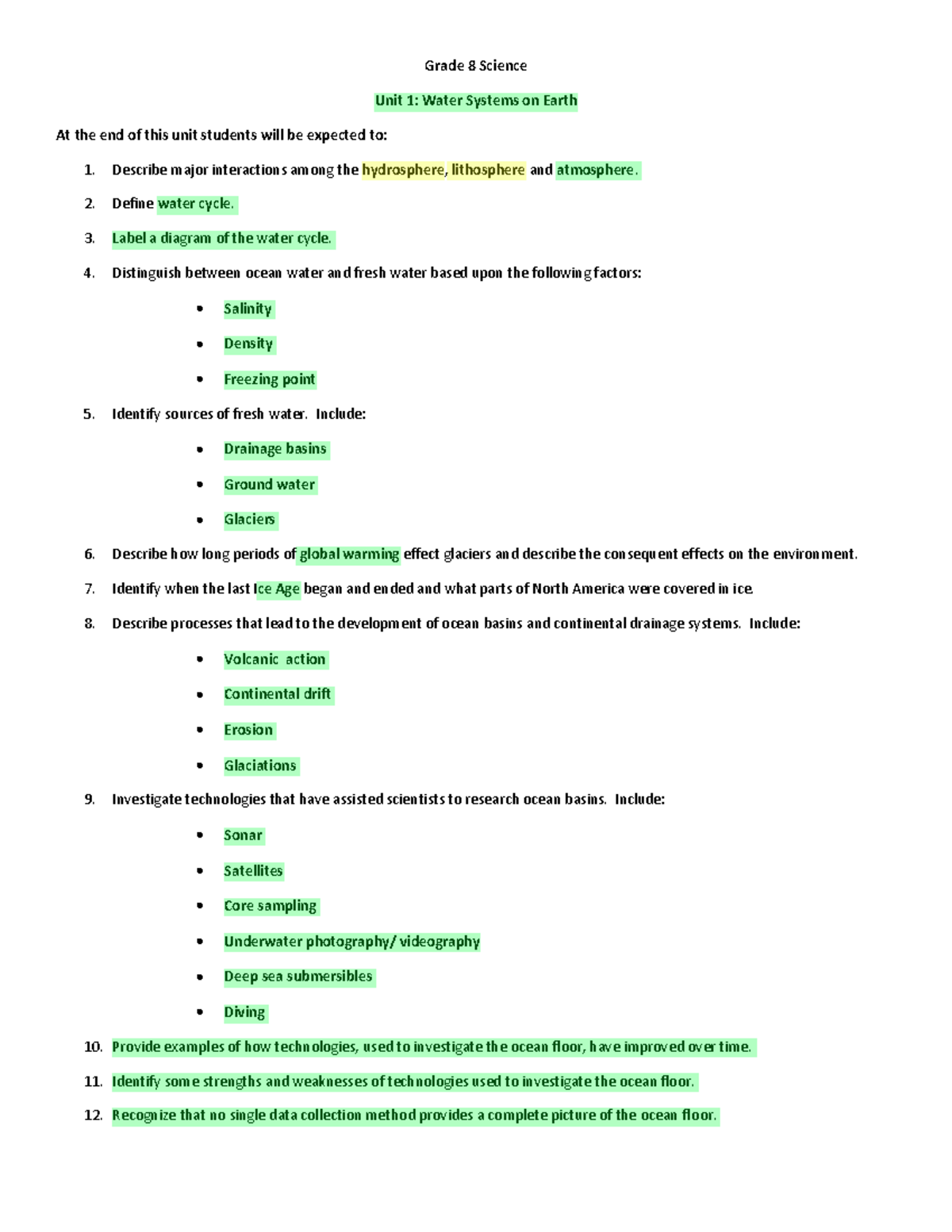 Grade 8 Science: Unit 1 Objectives on Earth's Water Systems - Studocu