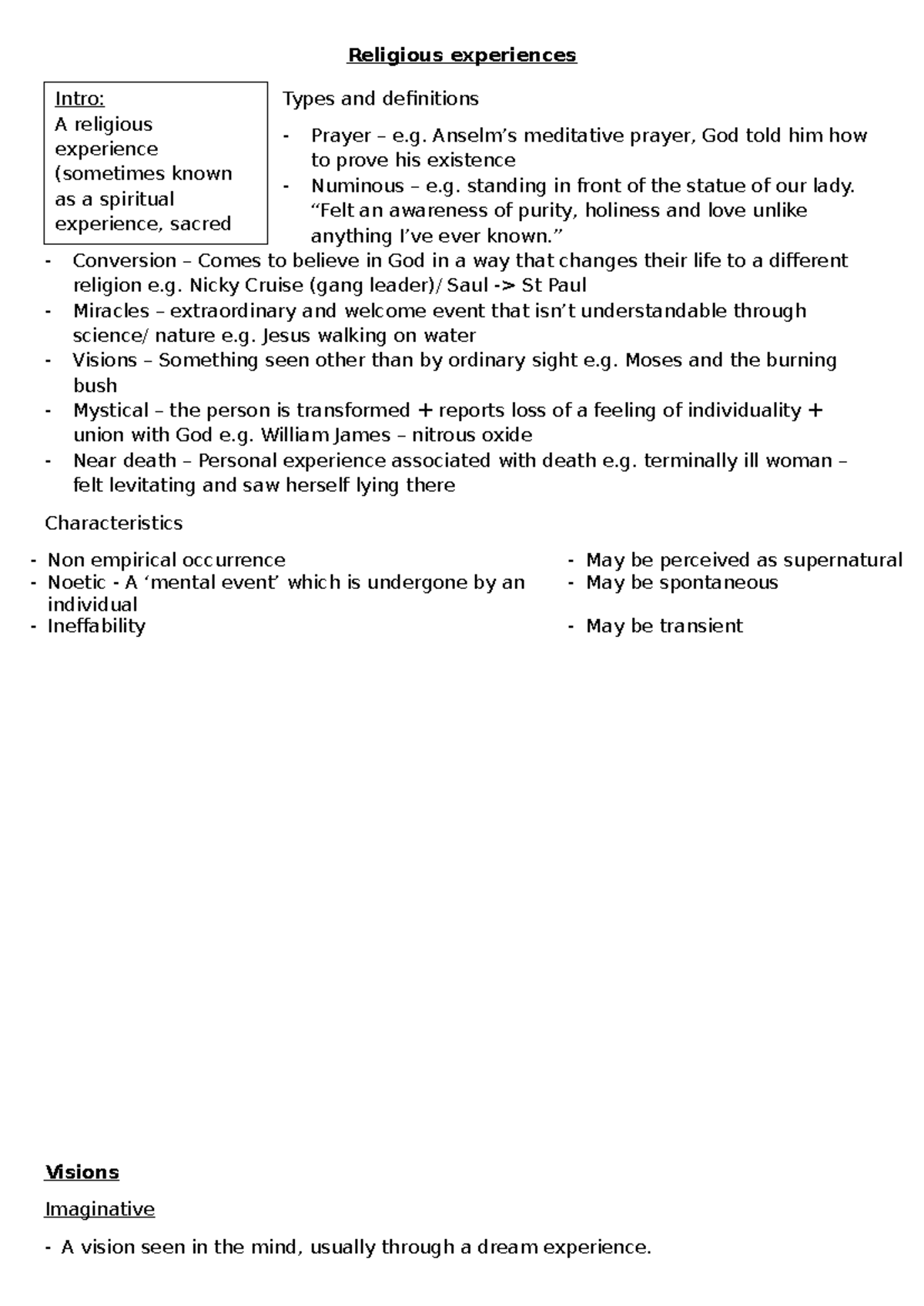 Religious Experiences Revision Notes (RE101) - Studocu