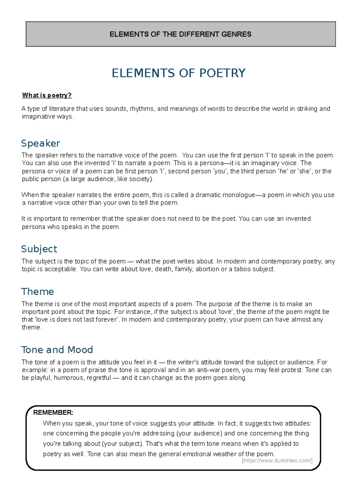 Elements of Different Genres: Poetry, Short Stories, and Folktales ...