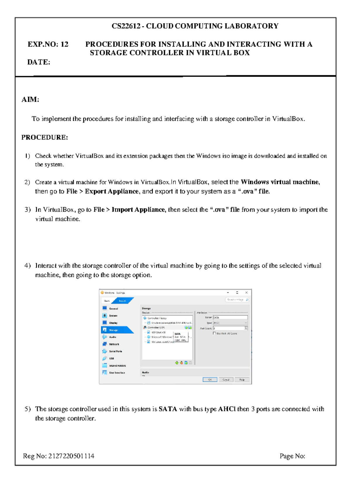 CS22612 Cloud Computing Lab: Exp. No. 12 - Storage Controller Setup ...
