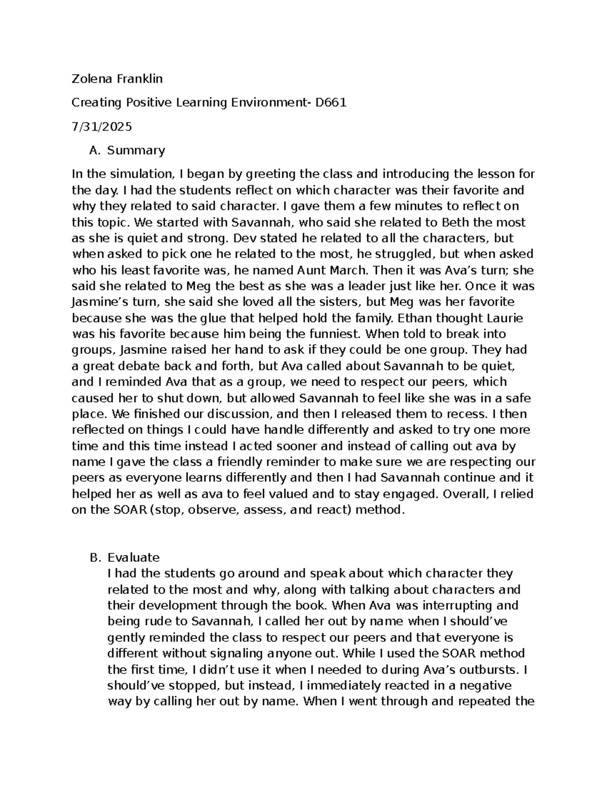 Creating Positive Learning Environments: D661 Simulation Reflection ...