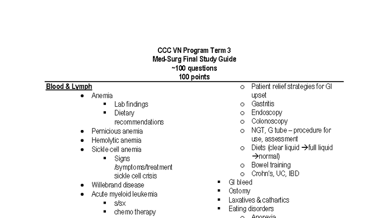 VN Program Term 3 Med Surg Final Study Guide: Key Topics & Insights ...