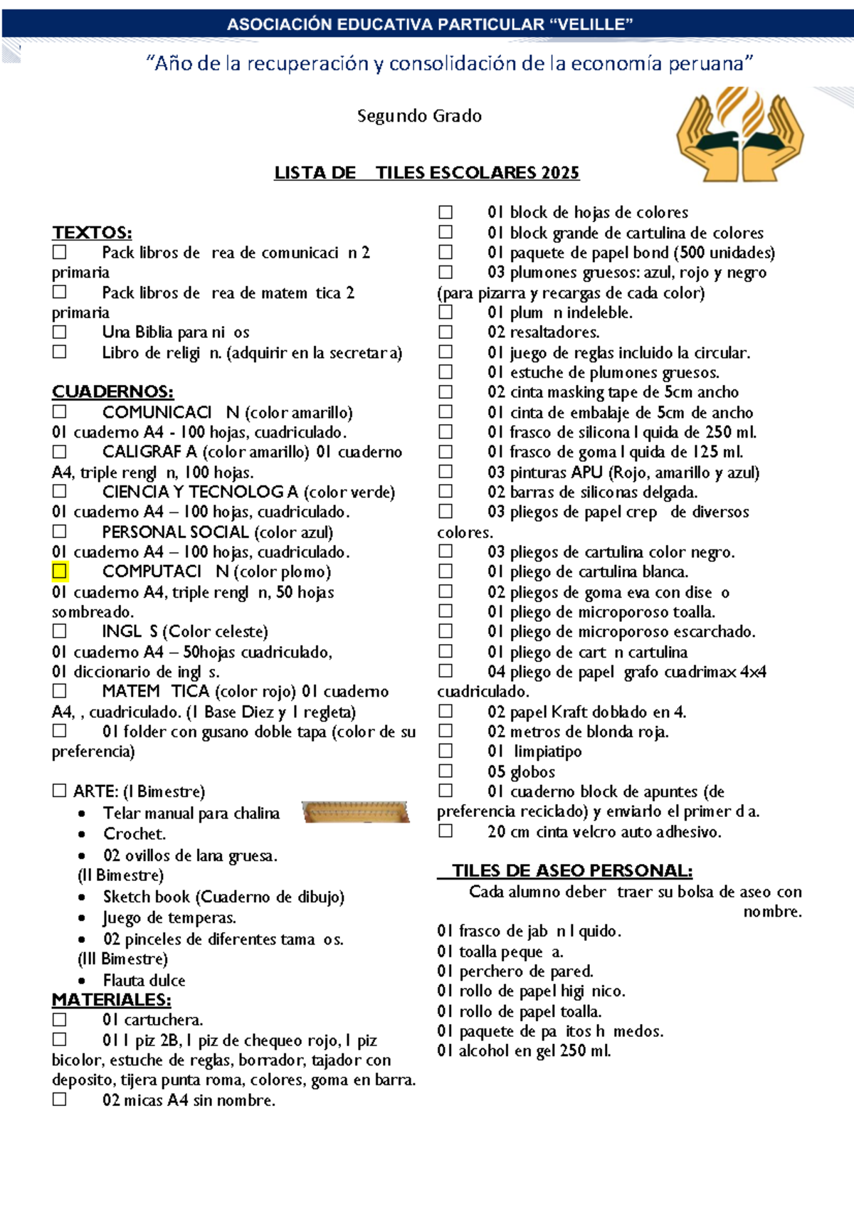 Lista de Útiles Escolares 2025 - 2do Grado de Primaria - Studocu