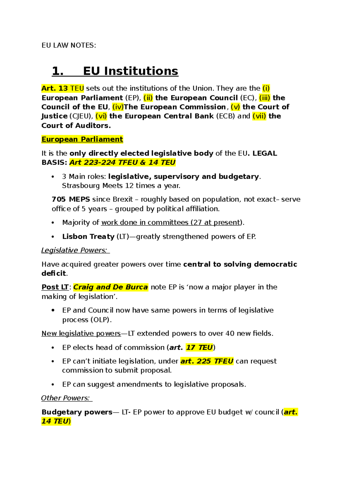 EU LAW NOTES: Overview of EU Institutions and Legislative Powers - Studocu