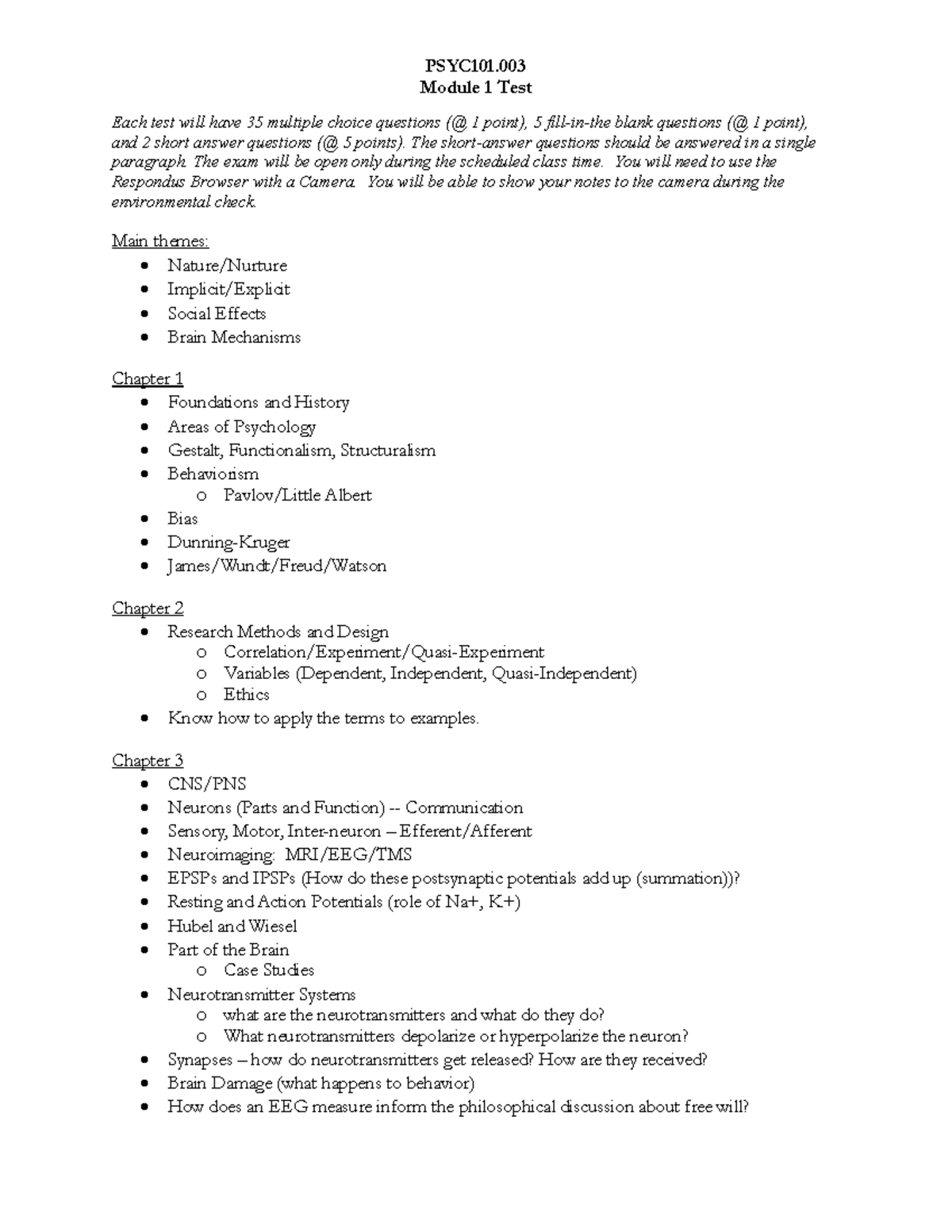 PSYC 101 Module 1 Study Guide-2 - PSYC101. Module 1 Test Each test will ...