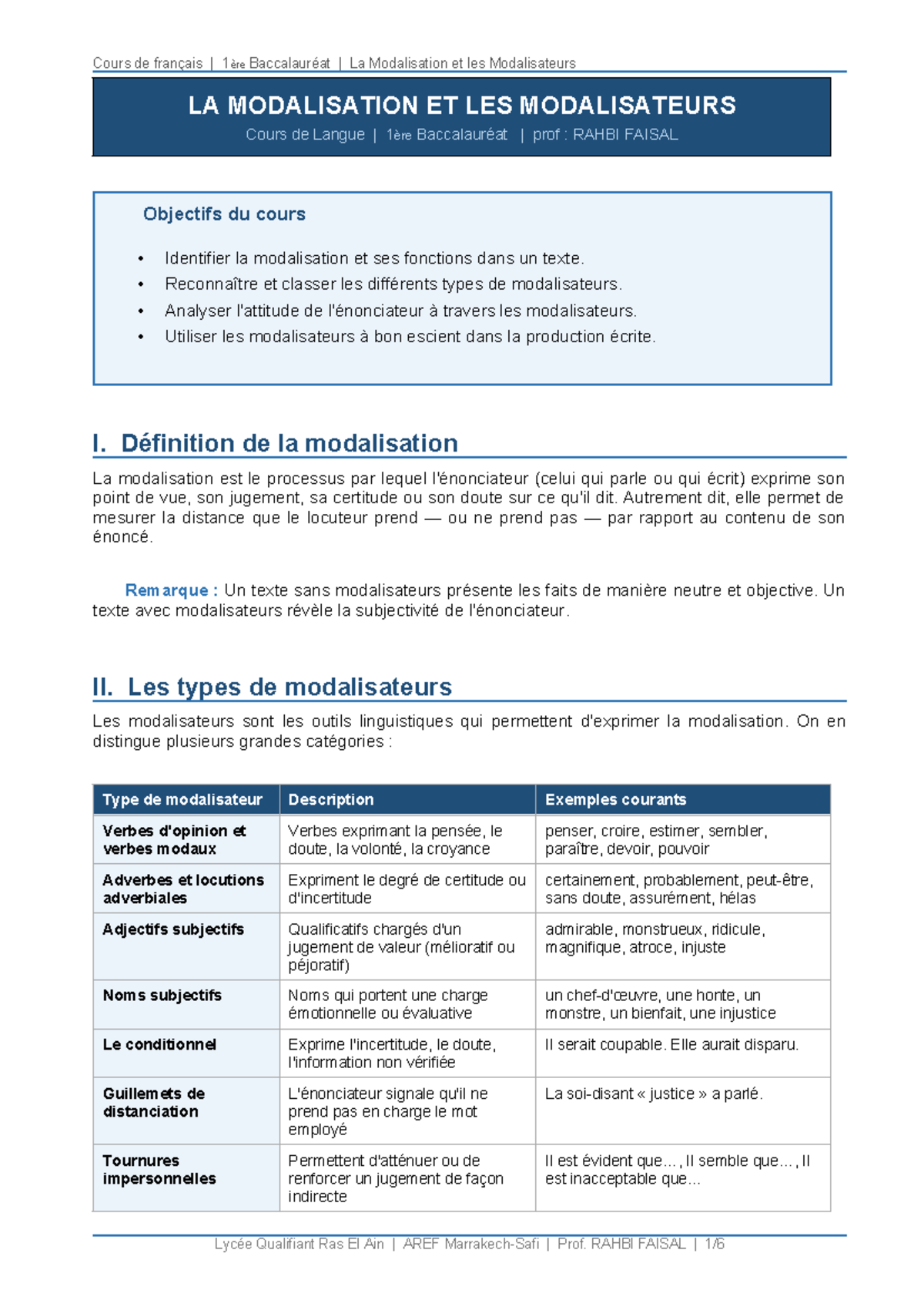 Cours de français 1ère Baccalauréat : La Modalisation et ses ...