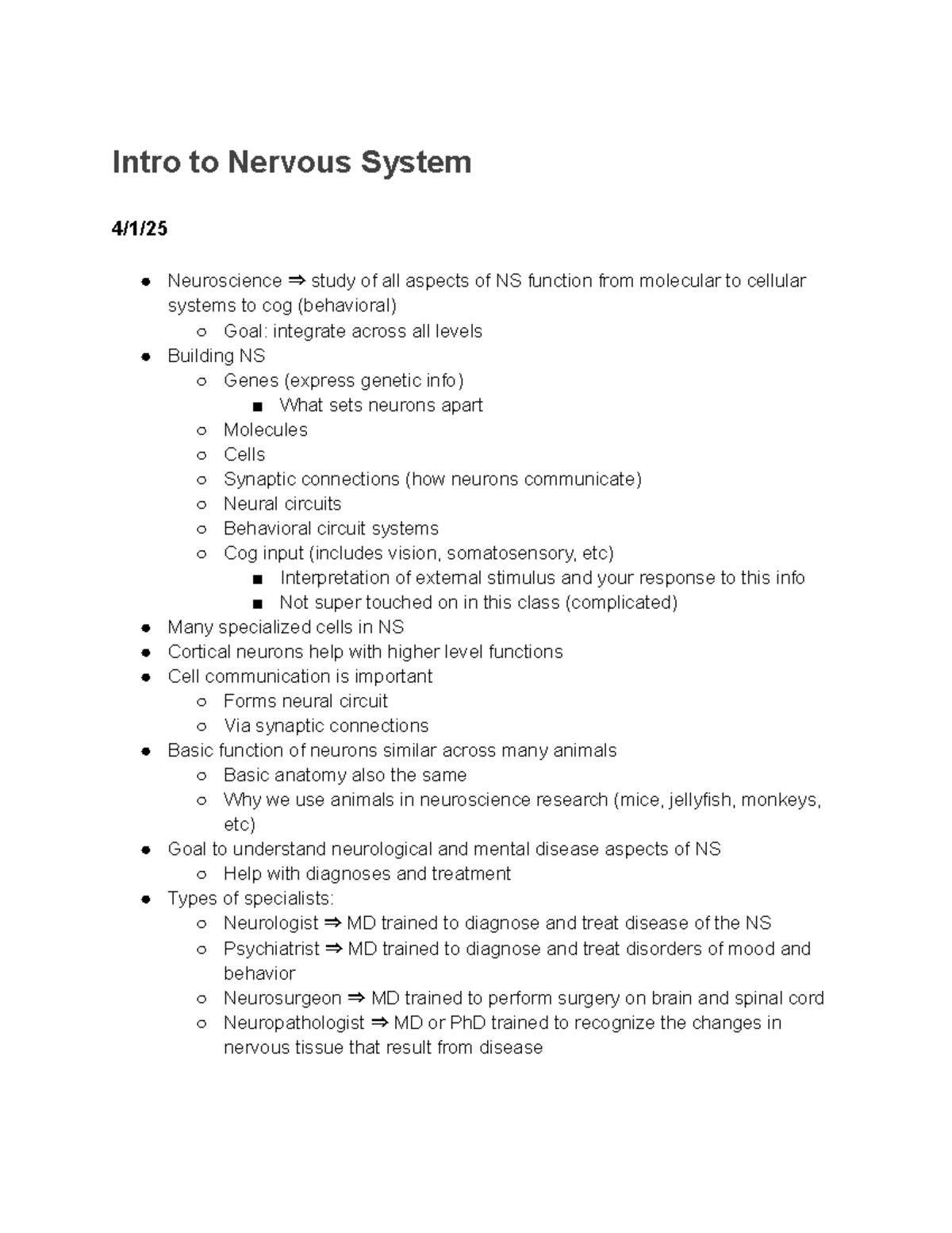 CBNS106 Lecture Notes: Intro to Nervous System and Neuroscience ...