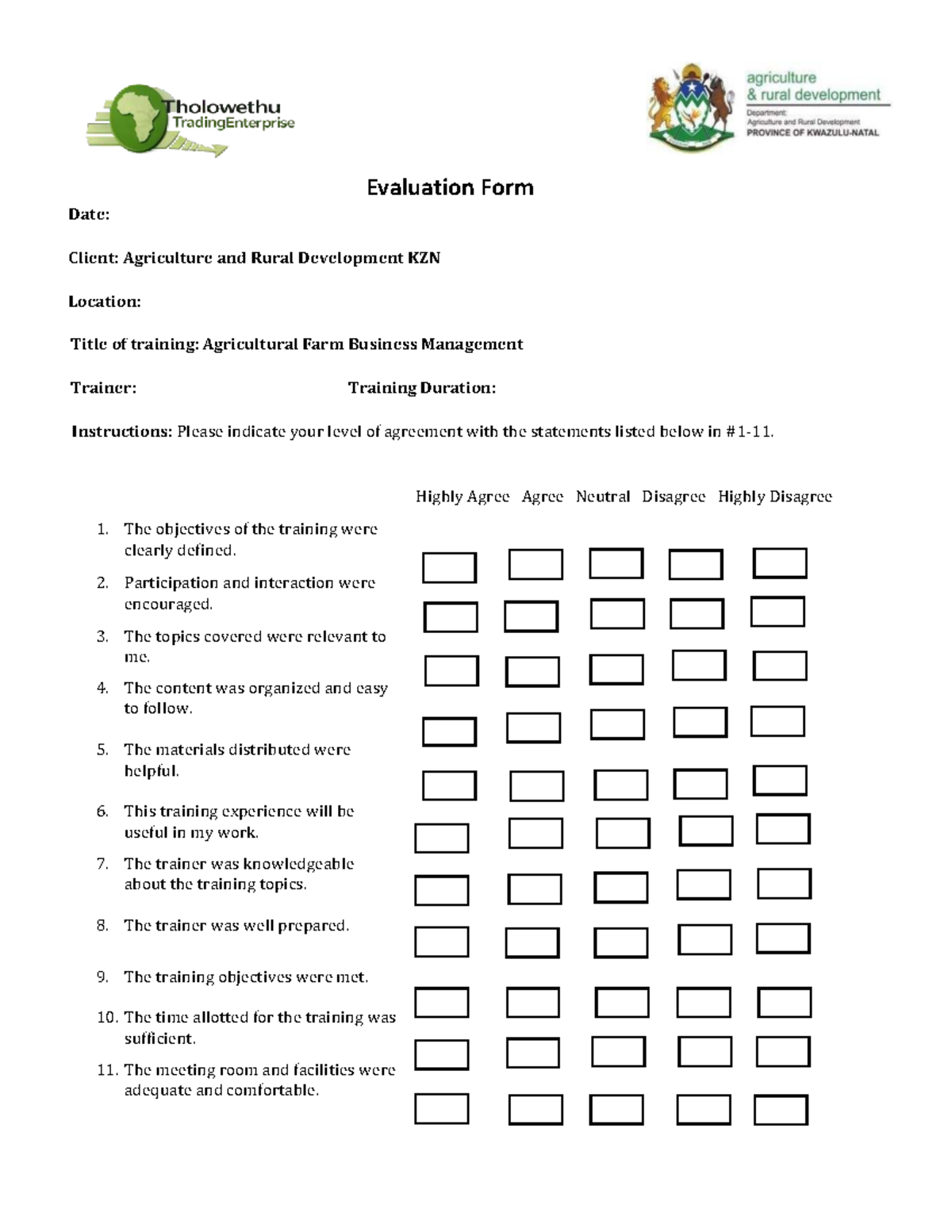 Farm Business Management Evaluation Form - Agri Training - Studocu