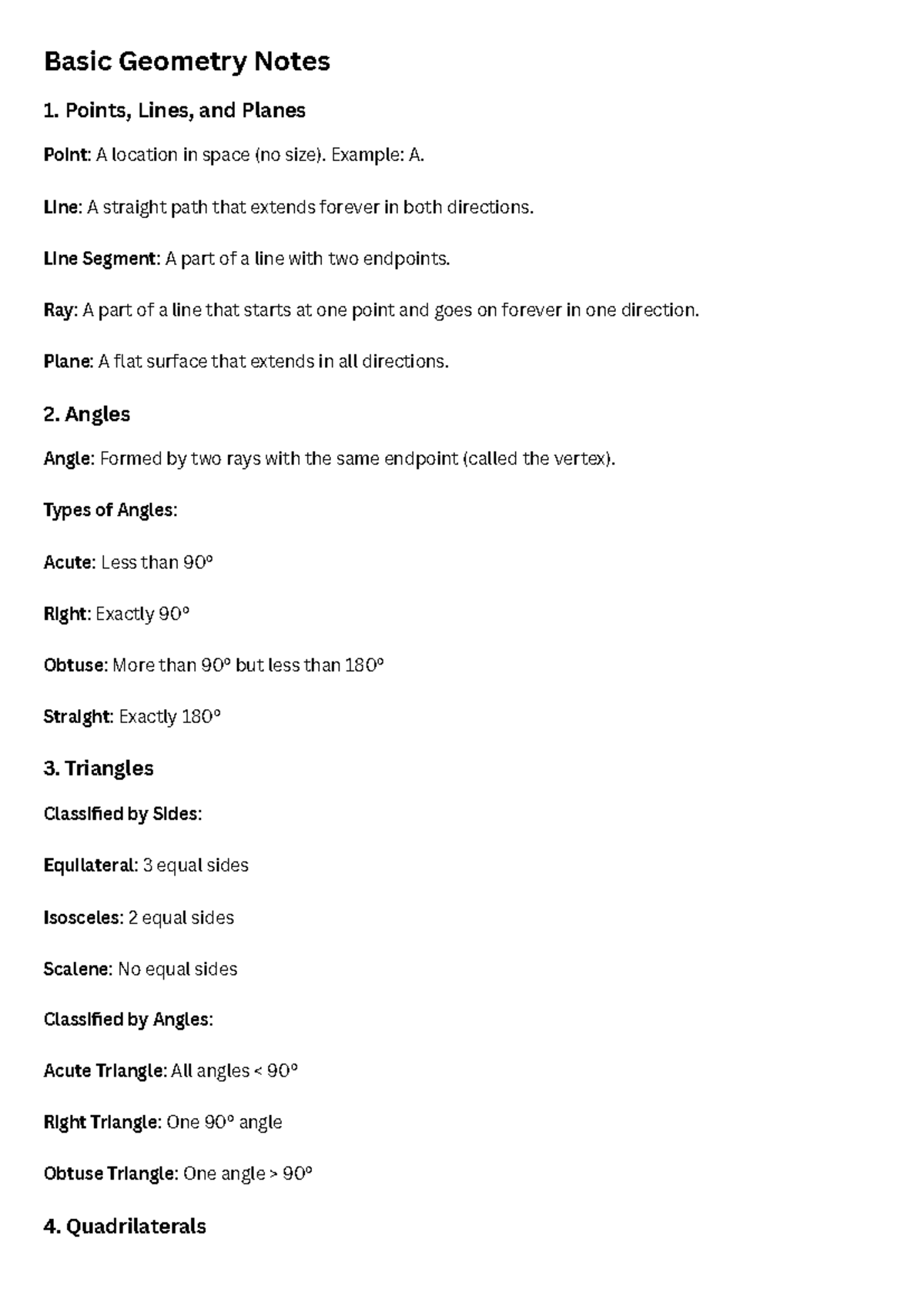 Basic Geometry Notes (MATH101): Points, Lines, Angles, and Shapes - Studocu
