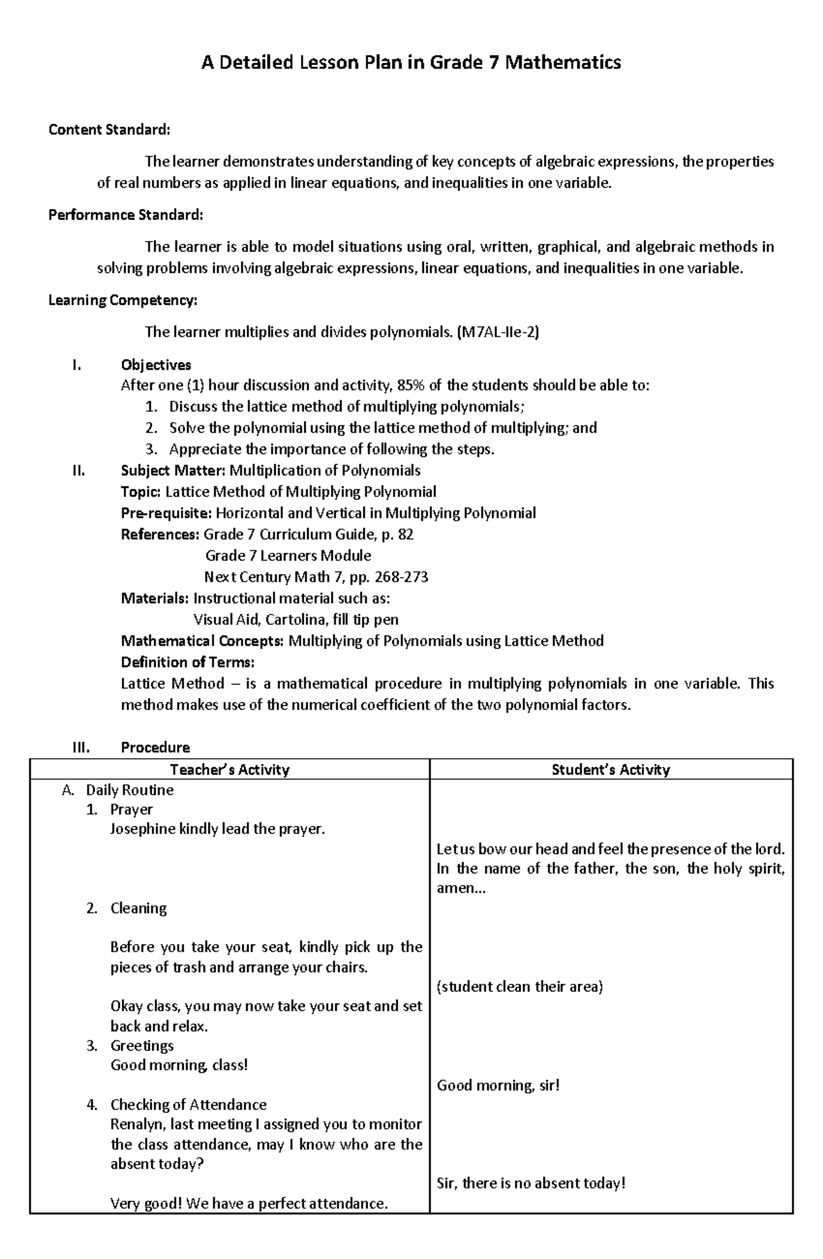 Mathematics 7 Lesson Plan: Understanding Sets & Real Number System ...