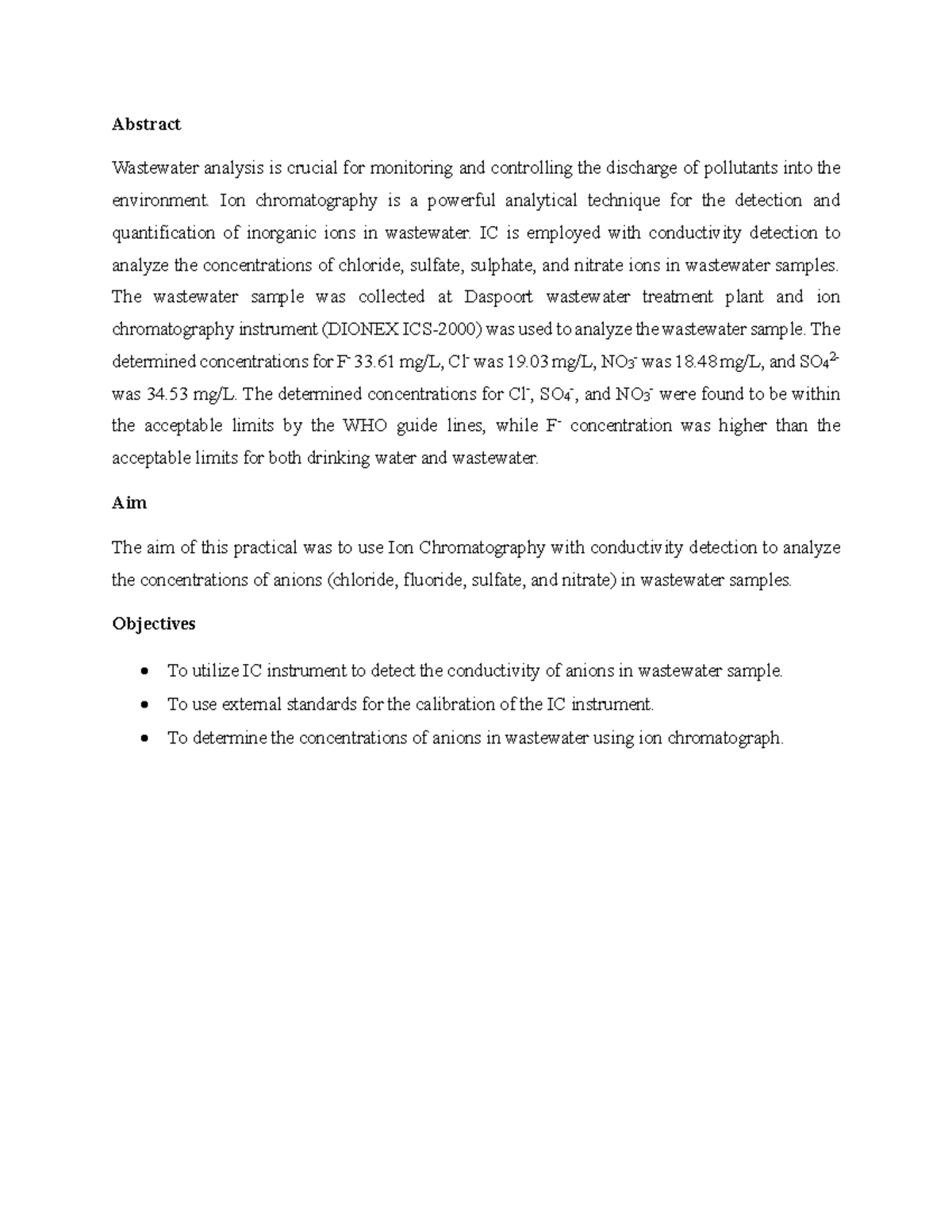 IC Lab Report: Analyzing Anions in Wastewater from Daspoort Plant - Studocu