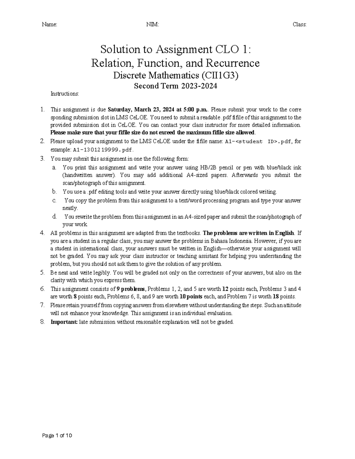CII1G3 Discrete Math Assignment A1: Relations, Functions & Recurrence ...