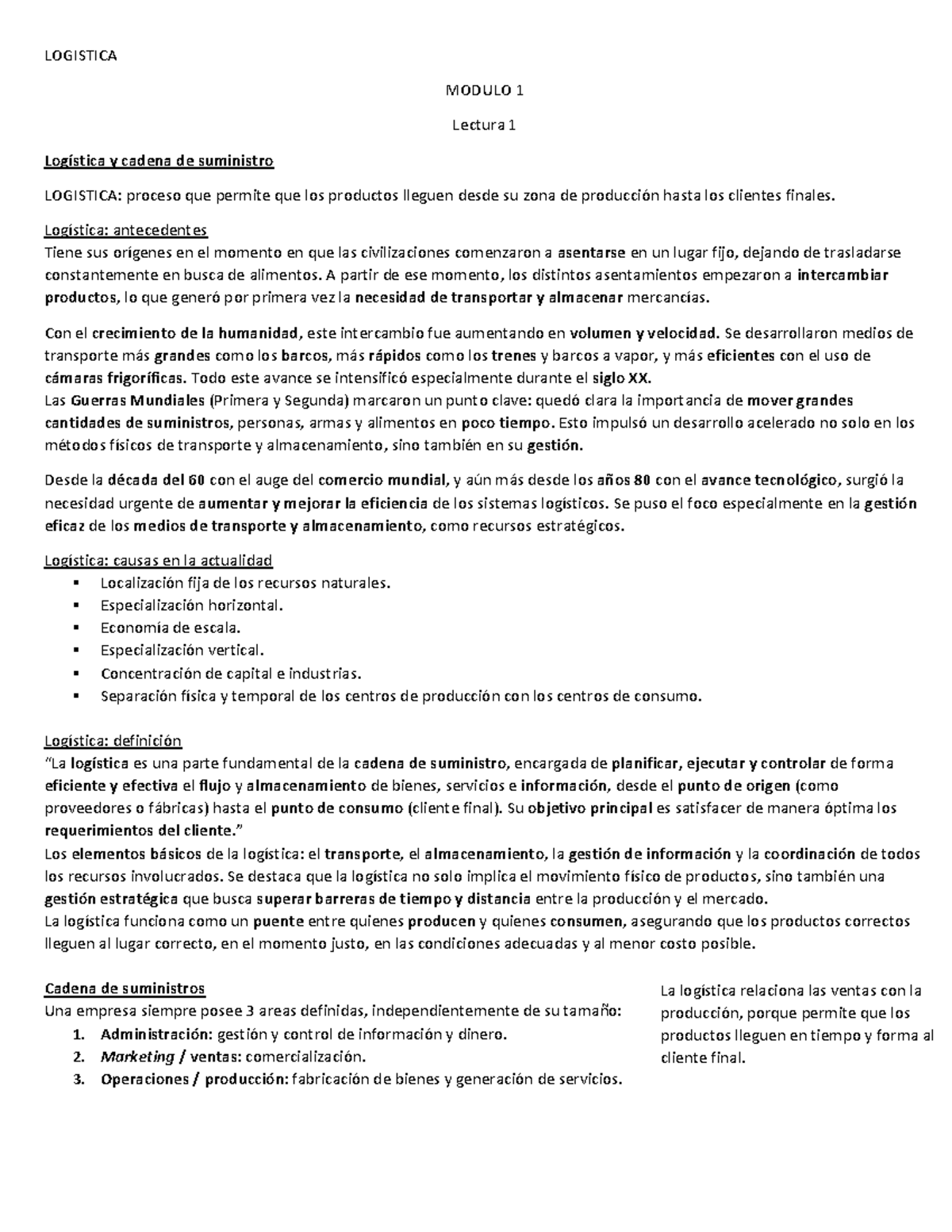 LOGISTICA MODULO 1: Lectura 1 - Fundamentos de la Logística y Cadena de ...