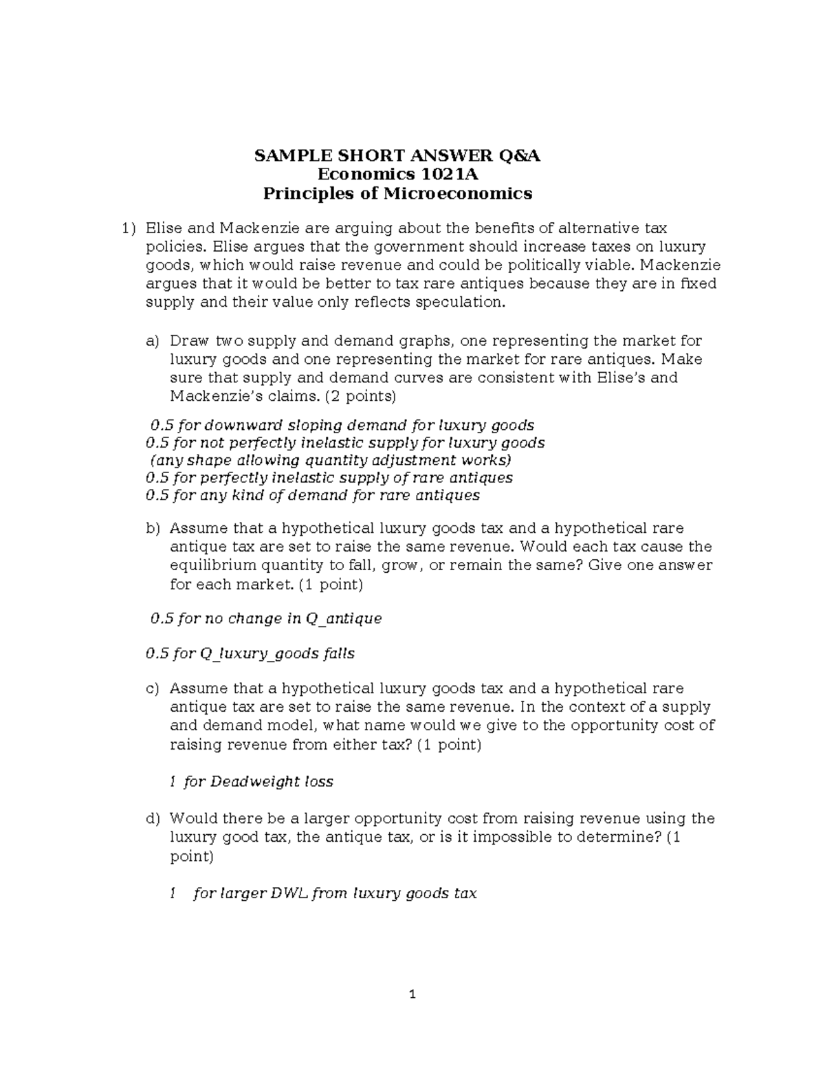 Short Answer Examples Econ 1021 A - SAMPLE SHORT ANSWER Q&A Economics ...