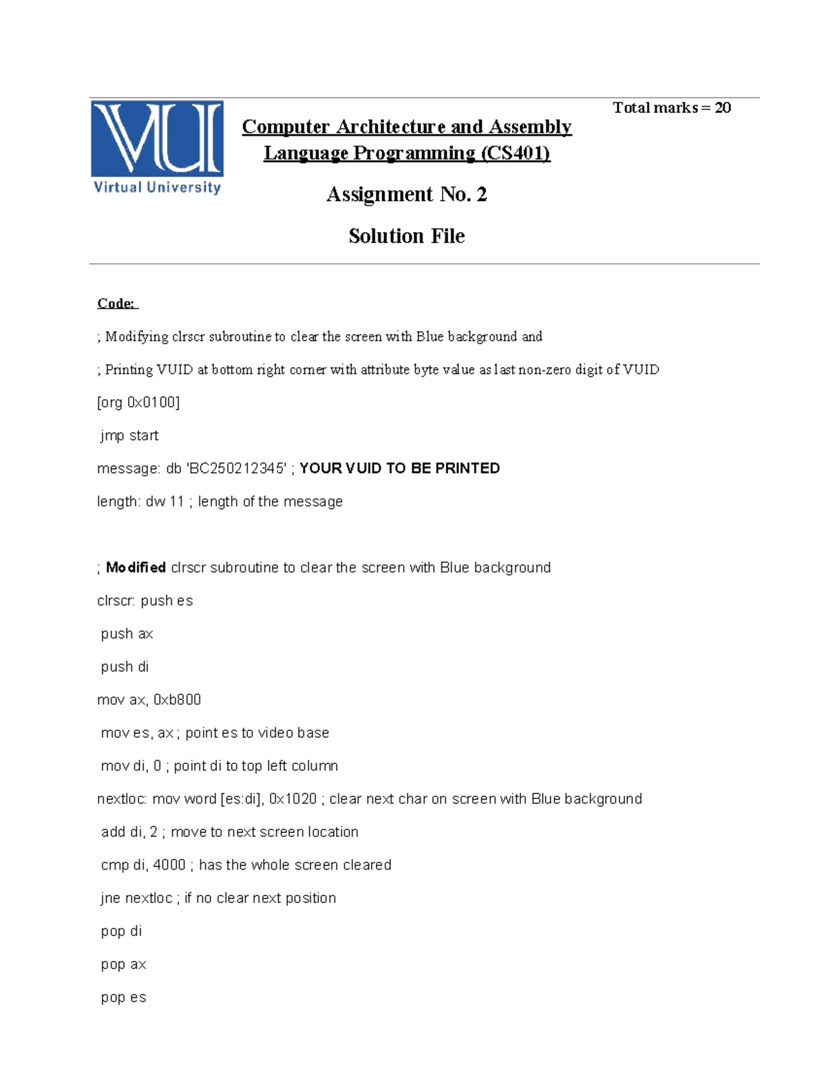 Spring 2025 CS401 Assignment 2 Solution: Modifying clrscr Subroutine ...