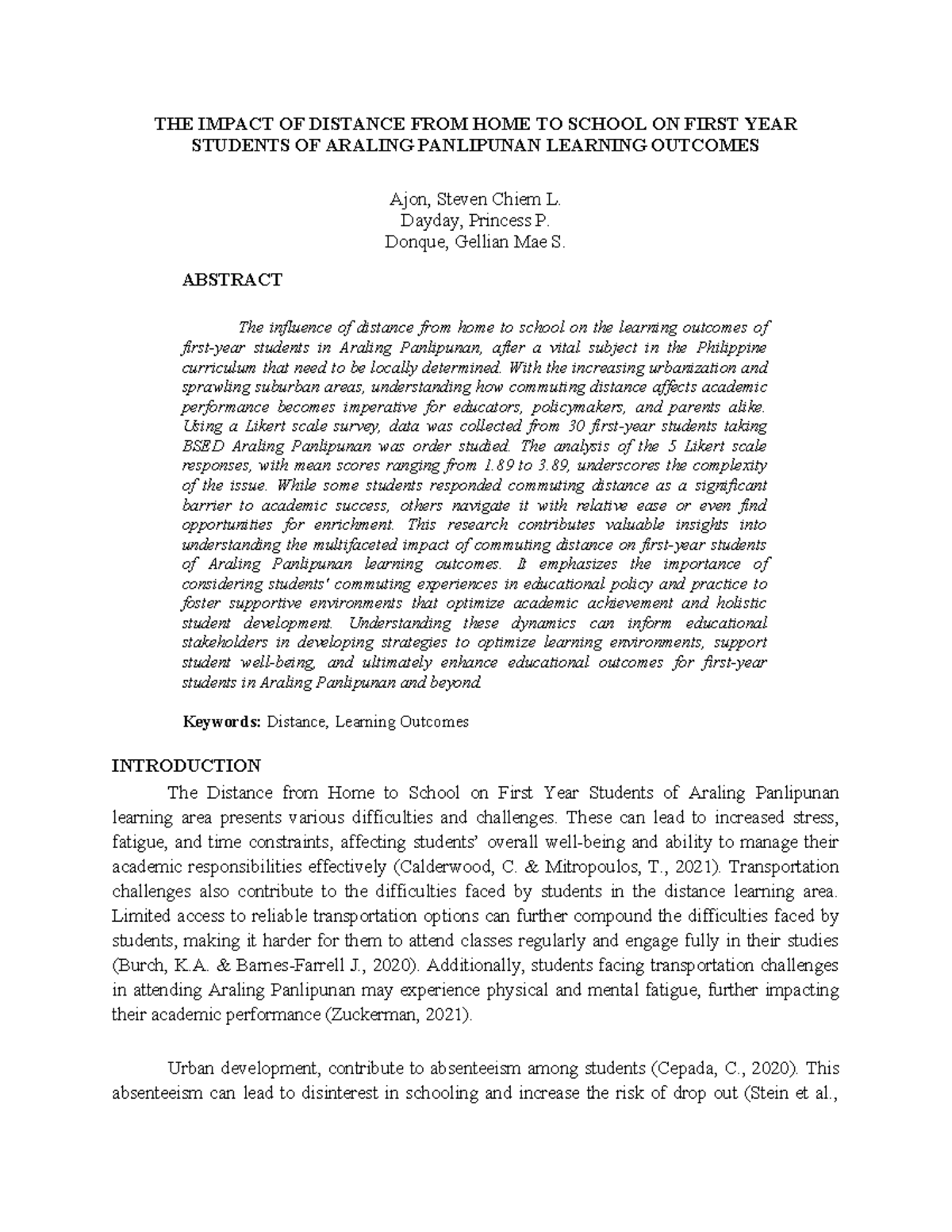 The Impact of Home-School Distance on First-Year Araling Panlipunan ...