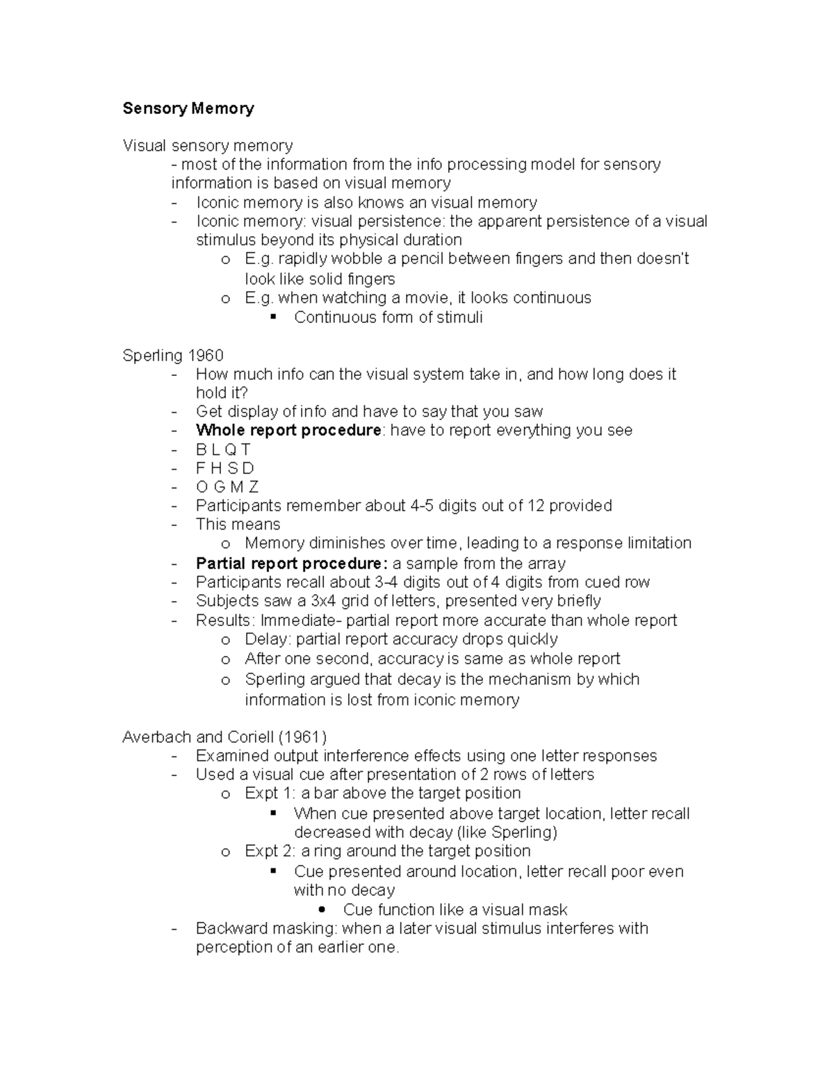 Lecture Notes, Study Guide - Sensory Memory Visual sensory memory most ...