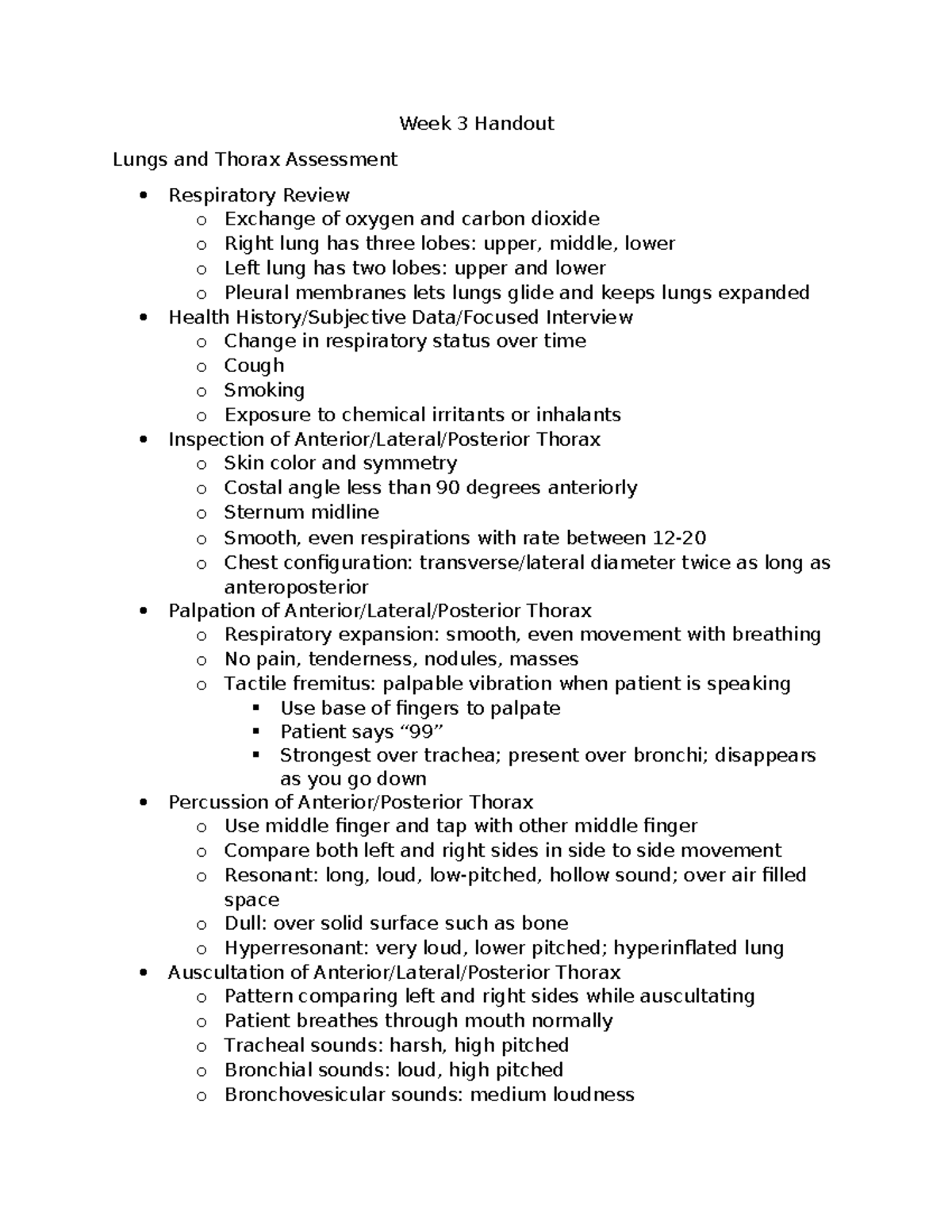 Week 3 Handout: Lungs & Thorax Assessment Review - Studocu