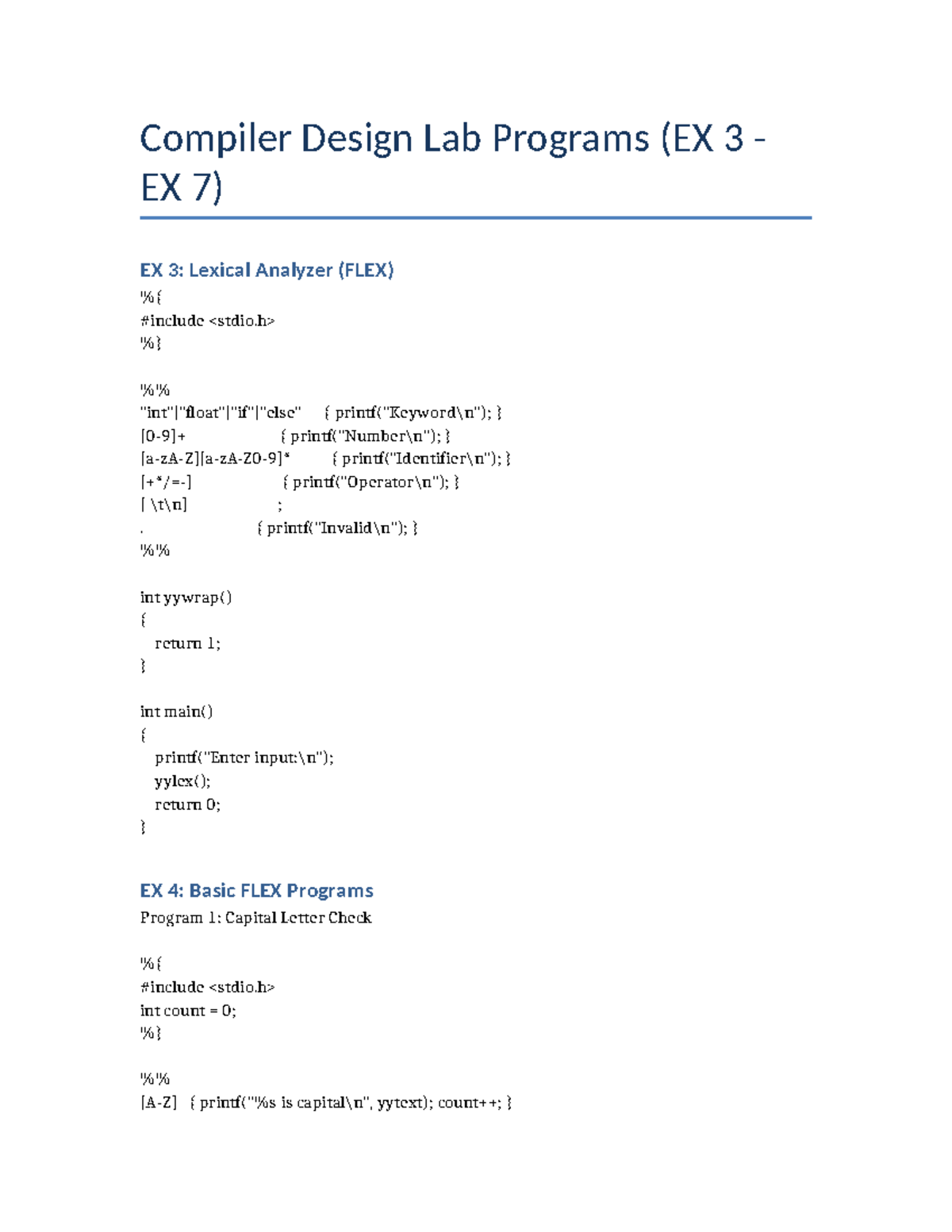 Compiler Design Lab Programs (EX 3 - EX 7) Updated - Studocu