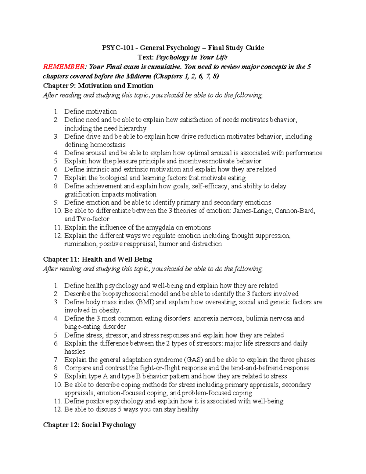 PSYC-101 - General Psychology - Final Exam Study Guide Review - Studocu