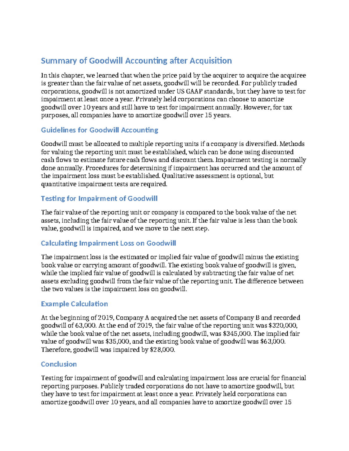 Ch 1 Video 6 Lecture - Summary of Goodwill Accounting after Acquisition ...