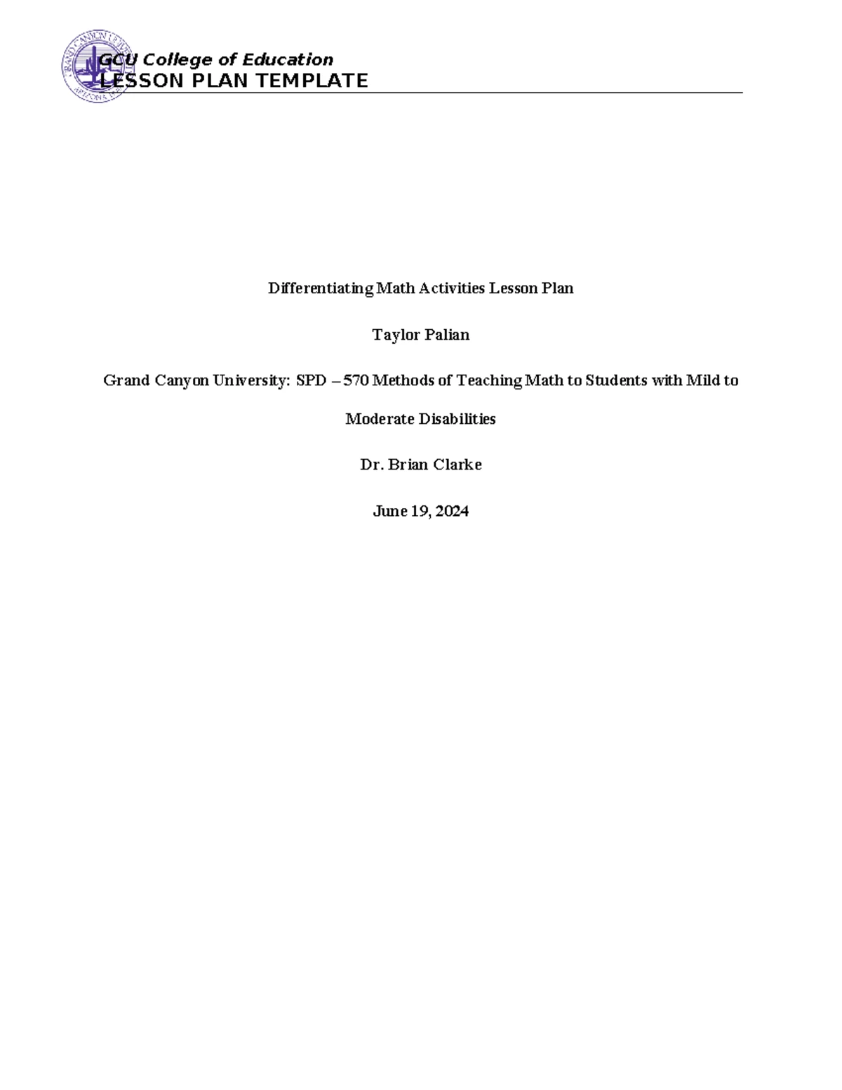 Operations and Algebraic Thinking Lesson Plan (SPD-570) - Studocu