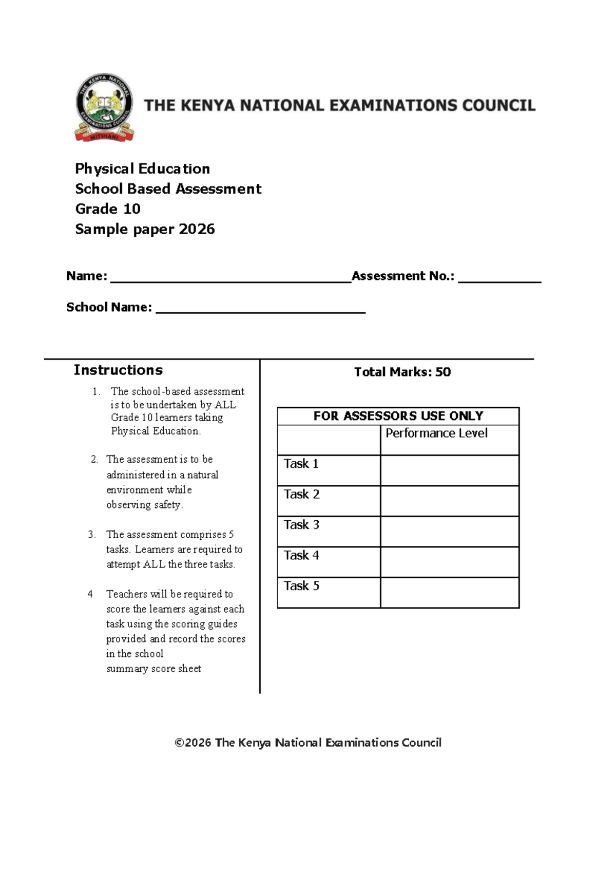 999 PE - Grade 10 Physical Education Assessment Sample Paper 2026 - Studocu